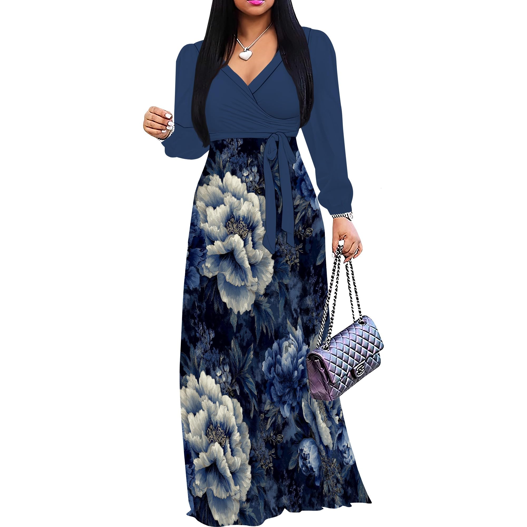 PinkPatty Women's Long Sleeve Maxi Dress Plus Size Trendy Wedding Guest Dress with Pockets&amp;Belt