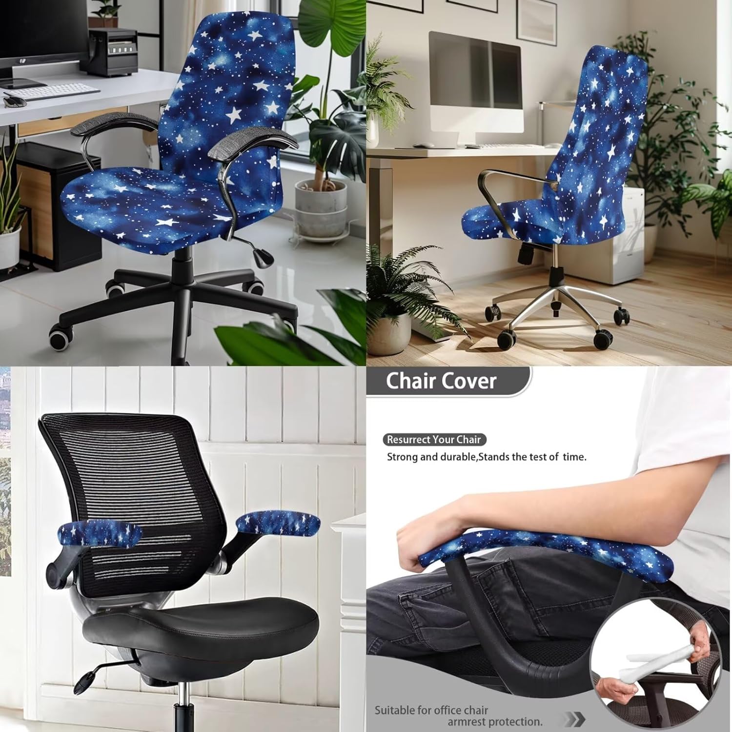 Star Galaxy Printed Office Chair Covers with Armrest Covers, Stretchable 3 Pcs Computer Chair Slipcovers for Office Home, S