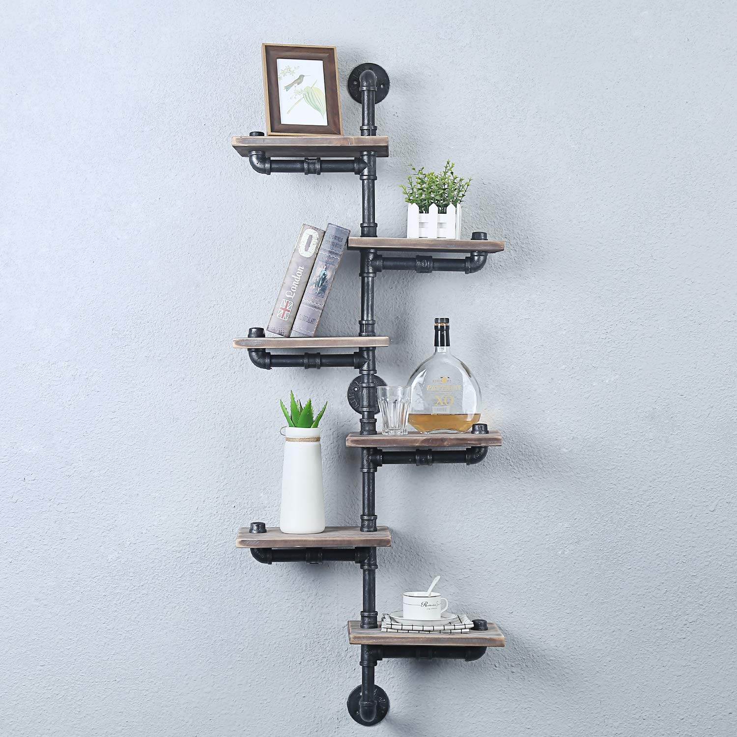 MBQQ Industrial Pipe Shelf,6Tiers Wall Mount Bookshelf, Metal&Wood