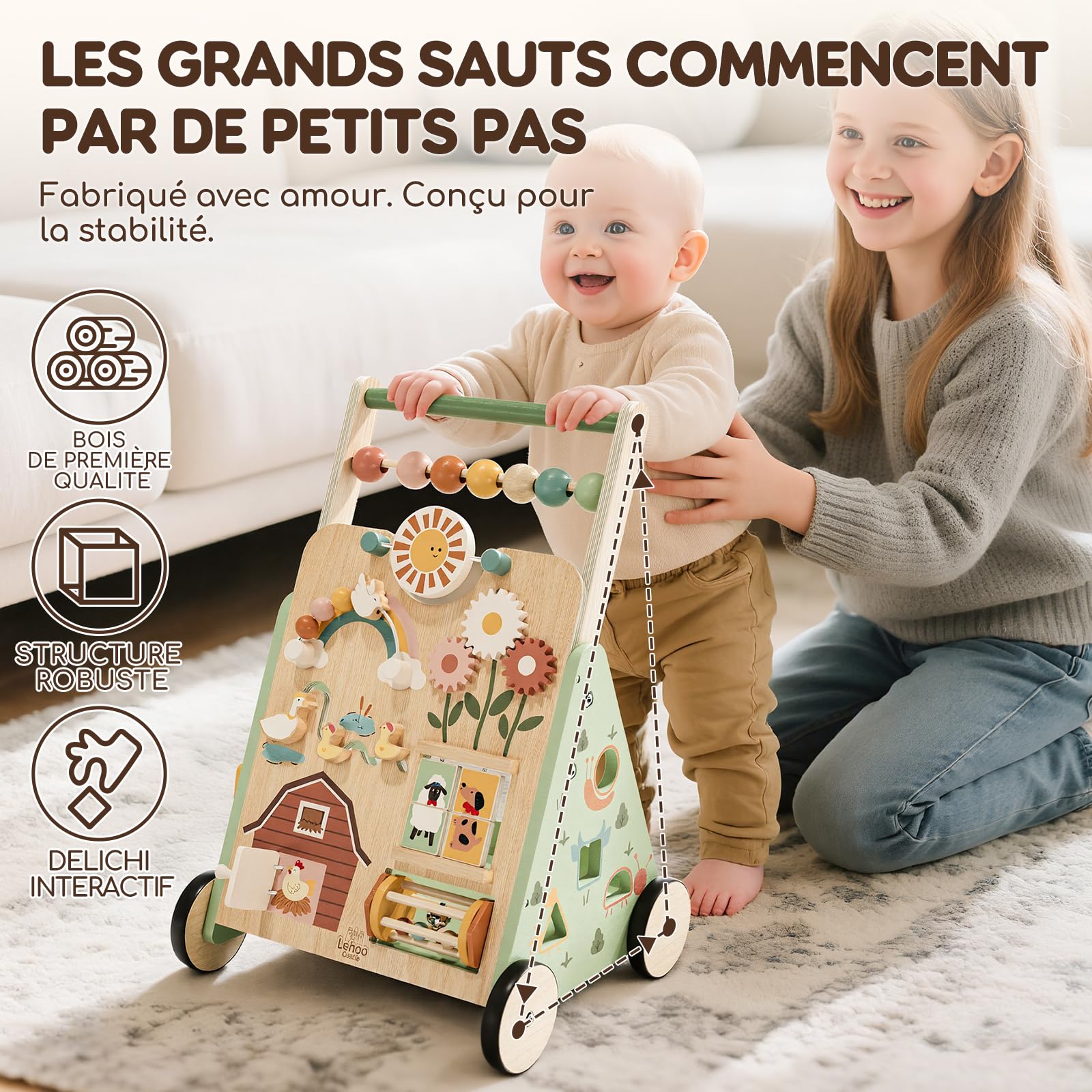 Chariot de Marche en Bois, Trotteur Bebe, Réglable Baby Walker Garçon Fille avec Centre d’Activités, Jouet Montessori Enfant 12 Mois+