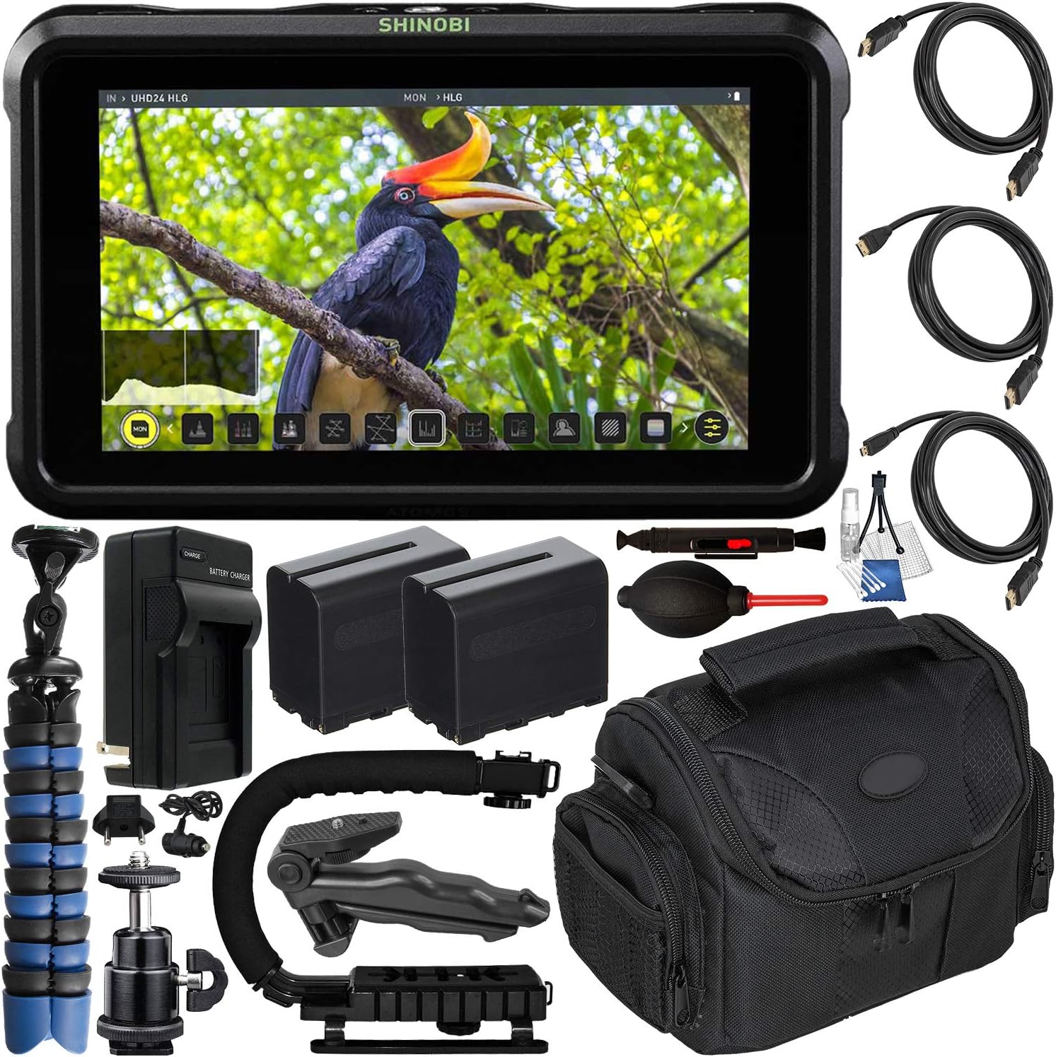 Atomos Shinobi 5.2" 4K HDMI Monitor with Deluxe Accessory Bundle – Includes: 2X Extended Life NP-F975 Batteries with Charger, Standard, Mini & Micro HDMI Cables, Action Grip Stabilizer & Much More