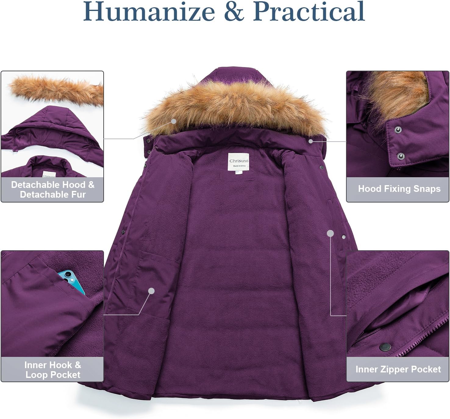 Chrisuno Women's Plus Size Winter Coat Waterproof Long Puffer Jacket Warm Thicken Parka with Removable Fur Hood - Image 3