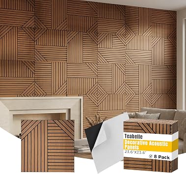 Teabelle 8 Pack Wood Veneer Acoustic Wall Panels, 23.6x23.6 Inch with Self-Adhesive Sound Absorbing Art Wall Decor, Soundproof Panels for Home & Office, 31 Sq.ft Coverage