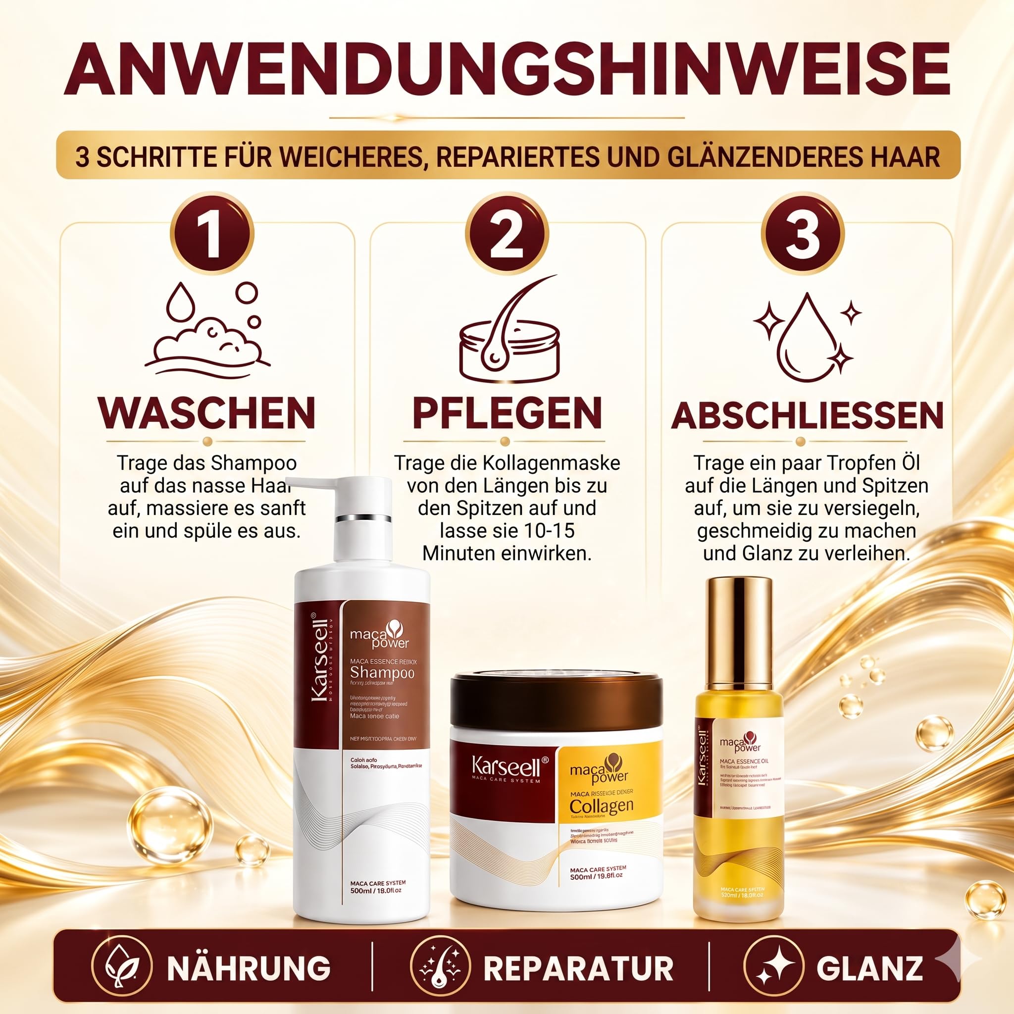 Karseell MACA CARE SYSTEM Set Kollagen Maske 500ml + Arganöl 50ml + Shampoo 500ml Haarreparatur Profi Feuchtigkeitspflege Anti-Frizz Glanz-Effekt Trockenes Strapaziertes Haar Maca-Essenz Komplett-Kur