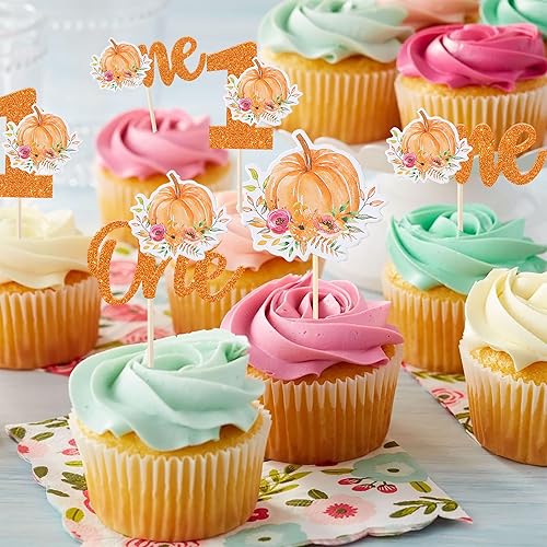 Miniatura 6 de Paquete de 24 adornos de calabaza para el primer cumpleaños para cupcakes, palillos de dientes de comida para primer cumpleaños, decoración de