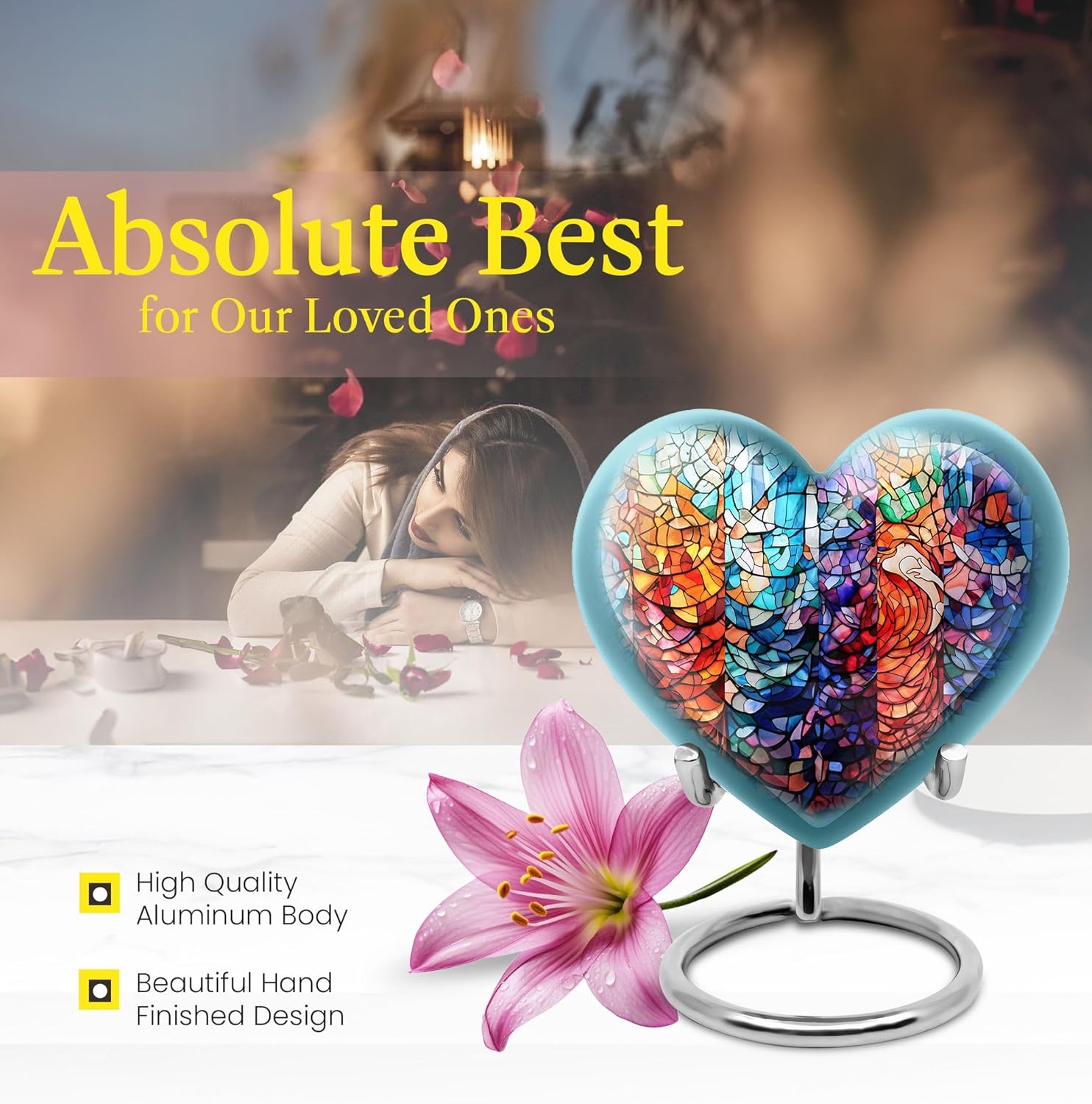 Heart Shaped Marble Design Funeral Urn Set - Large Urn for Human Ashes Adult Male Or Female with Matching Mini Keepsake Urns - Cremation Urns for Ashes, Burial Memorial Containers - Set of 2