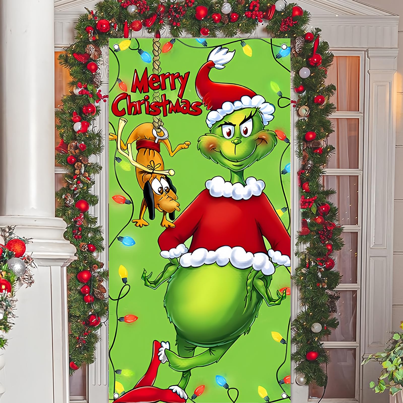 yumcute Decoración De Cubierta De Puerta De Navidad, Bandera de Fondo Foto de Grinch Verde Navidad para Decoraciones, Decoraciones de Puerta de Navidad para Decoraciones de Fiesta de Navidad 180x90cm