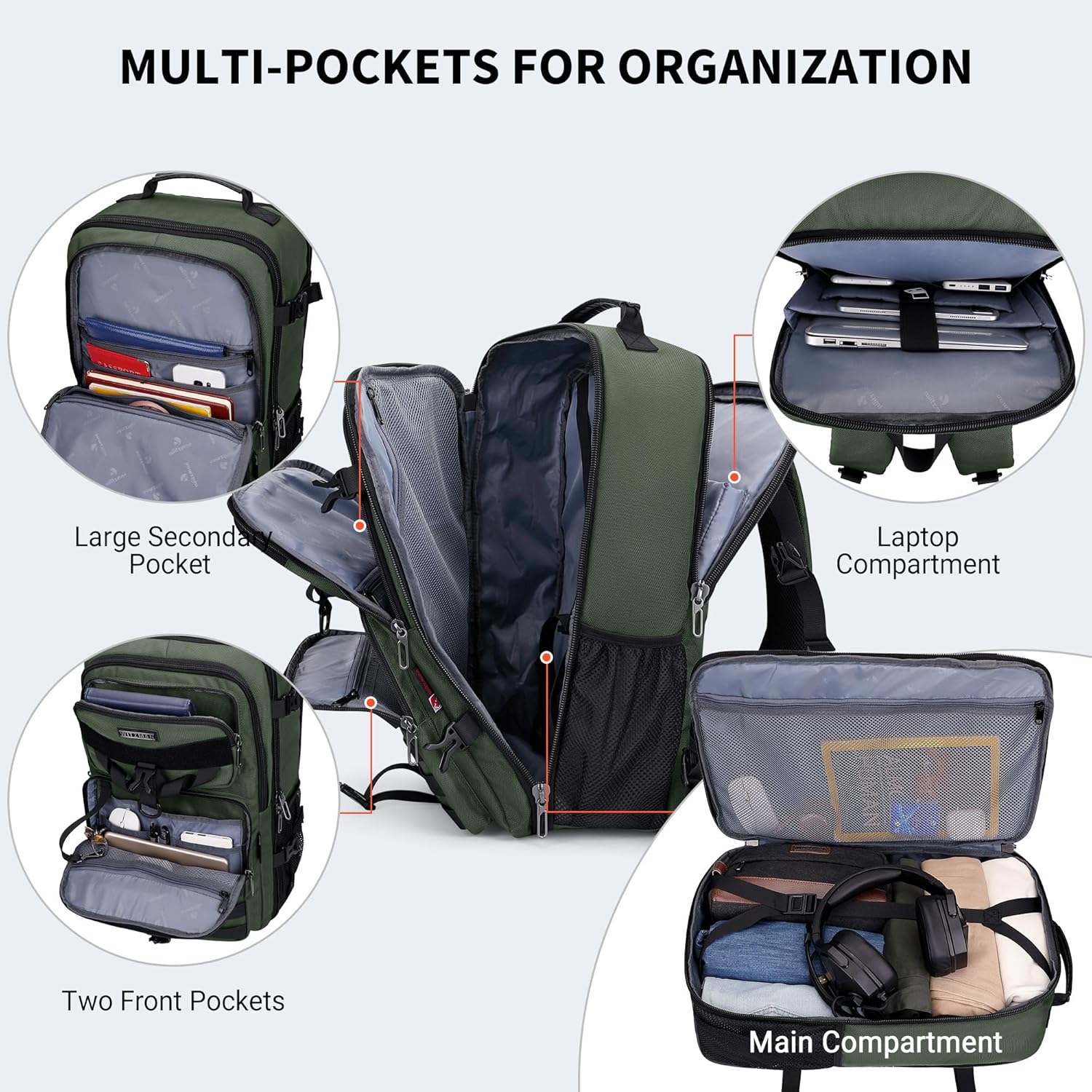 WITZMAN Carry On Travel Backpack for Men Large Convertible 45L Fit 17 Inch Laptop Backpack 3 in 1 Bag for Airline Approved(B688 Army Green) - Image 4