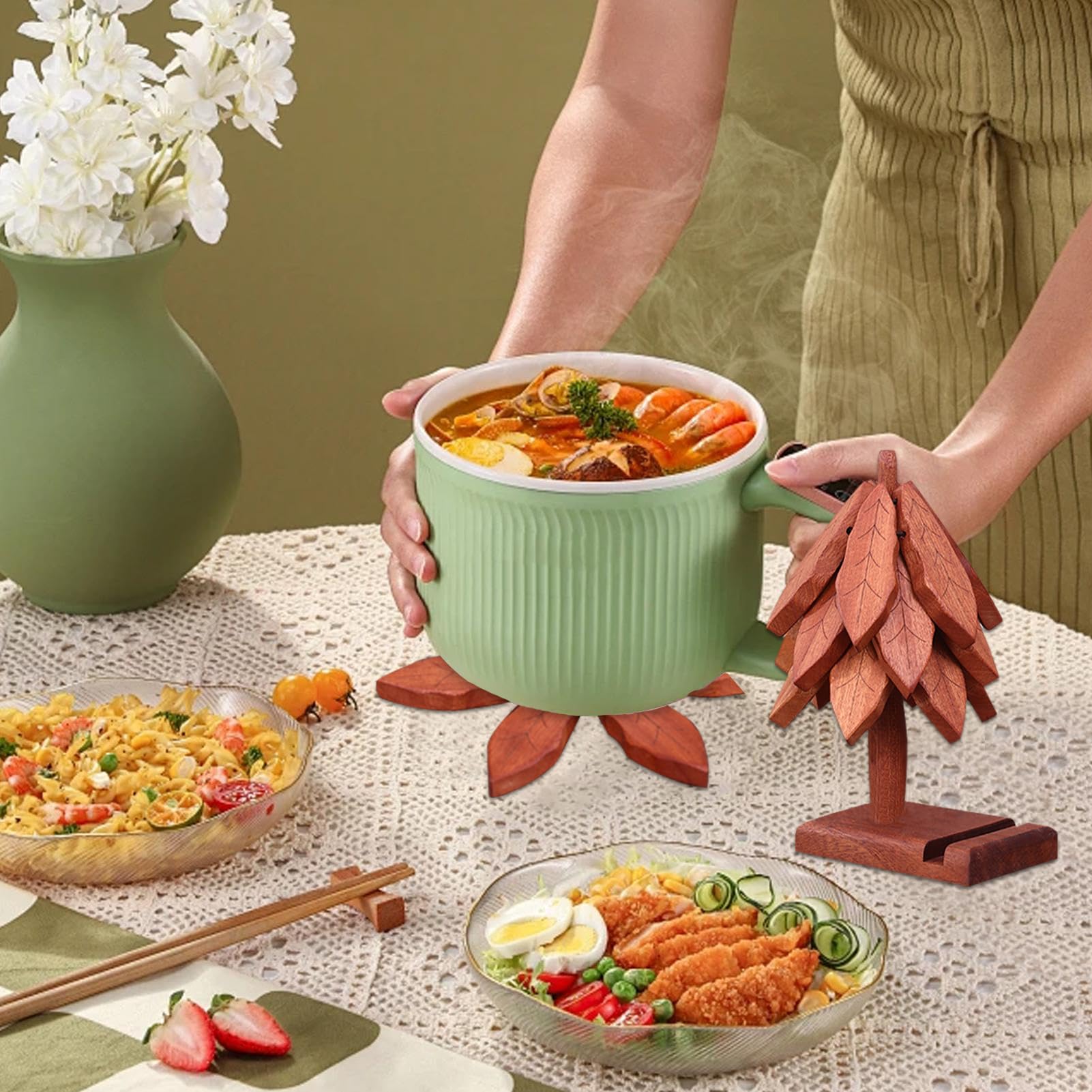 Juego De Posavasos Natural con Diseño De Árbol Base de Madera | Alfombrilla Térmica con Diseño de Soporte para Teléfono Para Hogar Restaurante Cocina Mesa Platos Caliente
