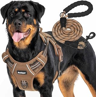 Beebielove Heavy Duty Tactical Dog Harness for Large Dogs - No Pull Adjustable Reflective Molle Vest w/ Bonus Leash, Large Brown
