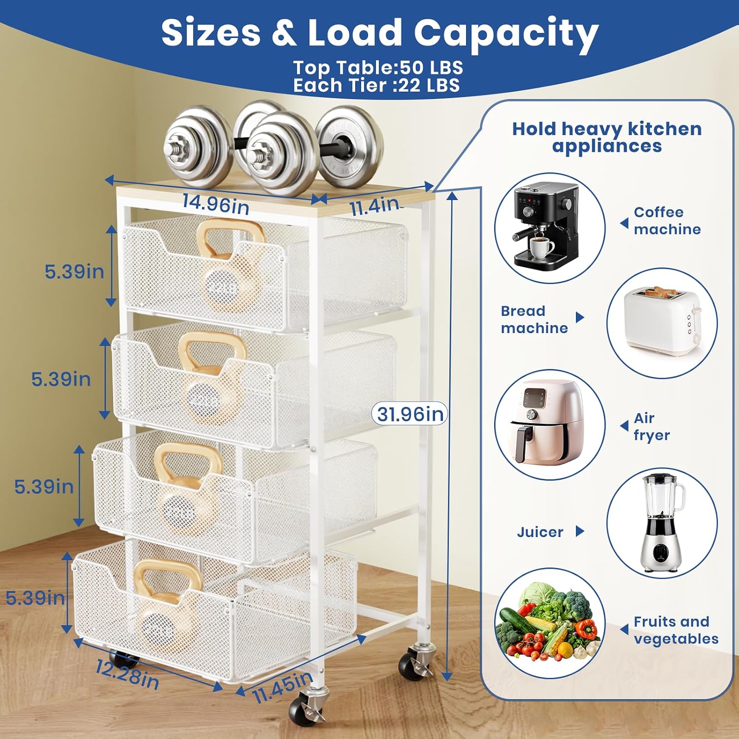 Condition photo showing New/Like New for goovilla kitchen cart with drawers, 4 tier metal rolling utility cart organizer on lockable wheels with wooden top, white fruit vegetable storage rack also for cans, snack, craft, art, office, beauty