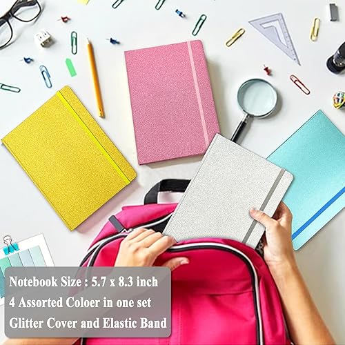 Miniatura 2 de Paquete de 4 cuadernos con purpurina, 8.3 x 5.7 pulgadas, 160 páginas rayadas con purpurina que nunca se despegan, diario brillante para niñas,