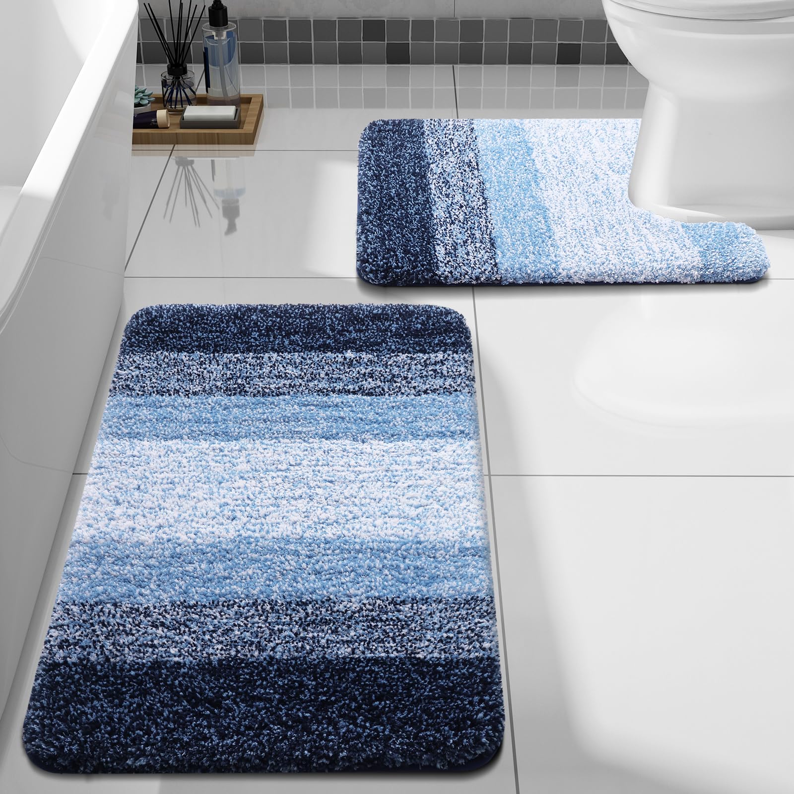 Arotive Bathroom Rugs Sets 2 Piece, Shaggy Soft and Absorbent Microfiber Bath Rugs and U-Shaped Contour Toilet Rug, Non-Slip, Machine Washable Dry Bath Mats for Bathroom (24"x16"+24"x20", Blue)