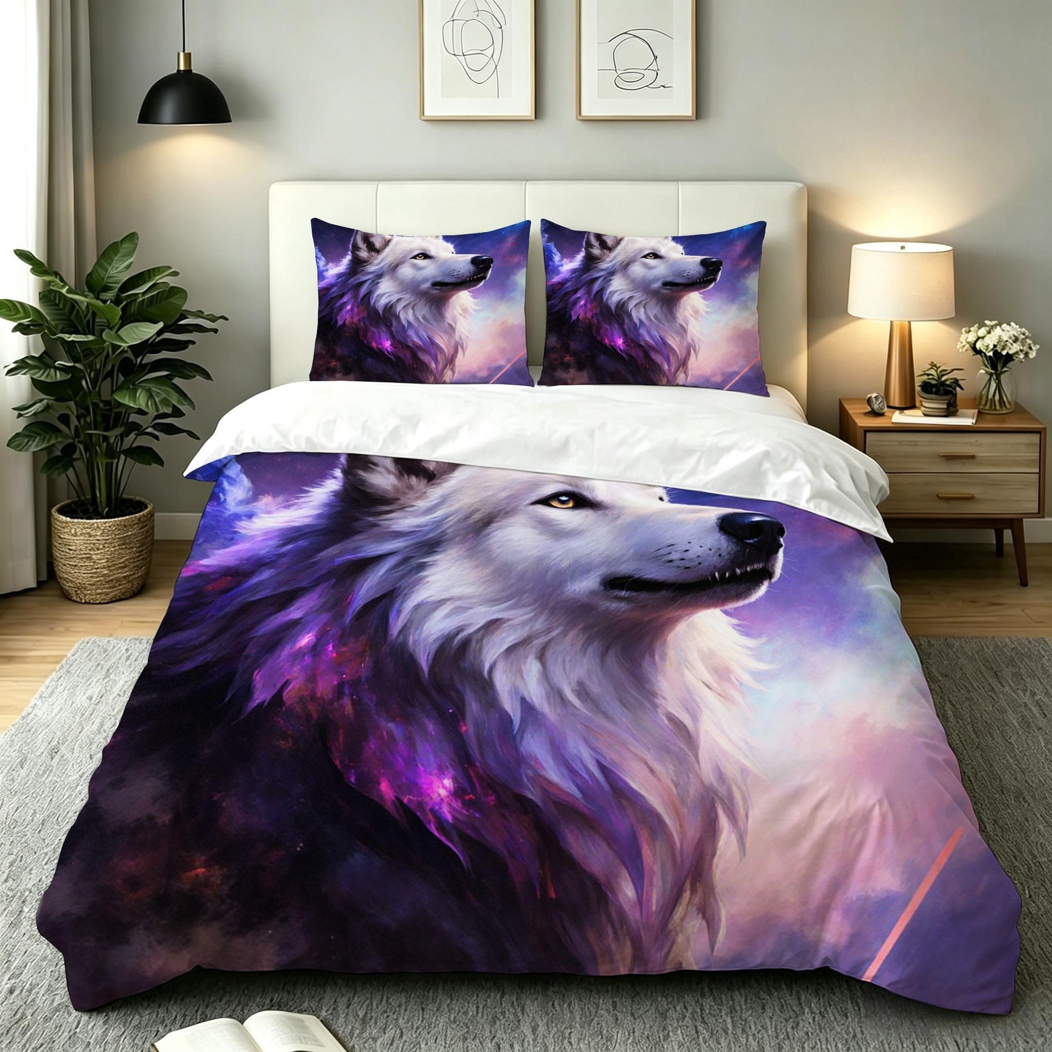 Housse de couette 220x240 loup violet pour parure de lit 2 personnes en microfibre