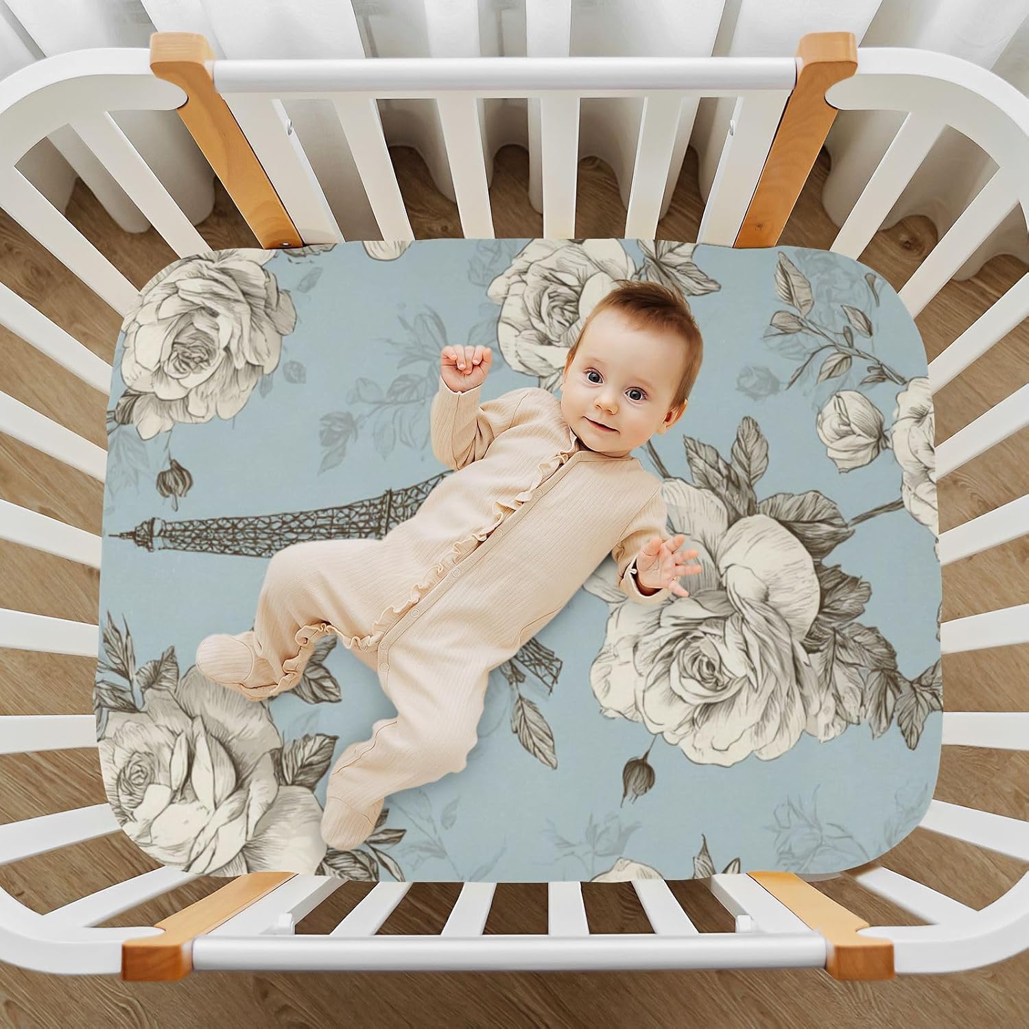 Crib Sheets Baby for Boys Girls Breathable Neutral Toddler Bed Sheets for Standard Size Toddler Mattress 39x27 Inch Vintage Eiffel Tower and White Roses