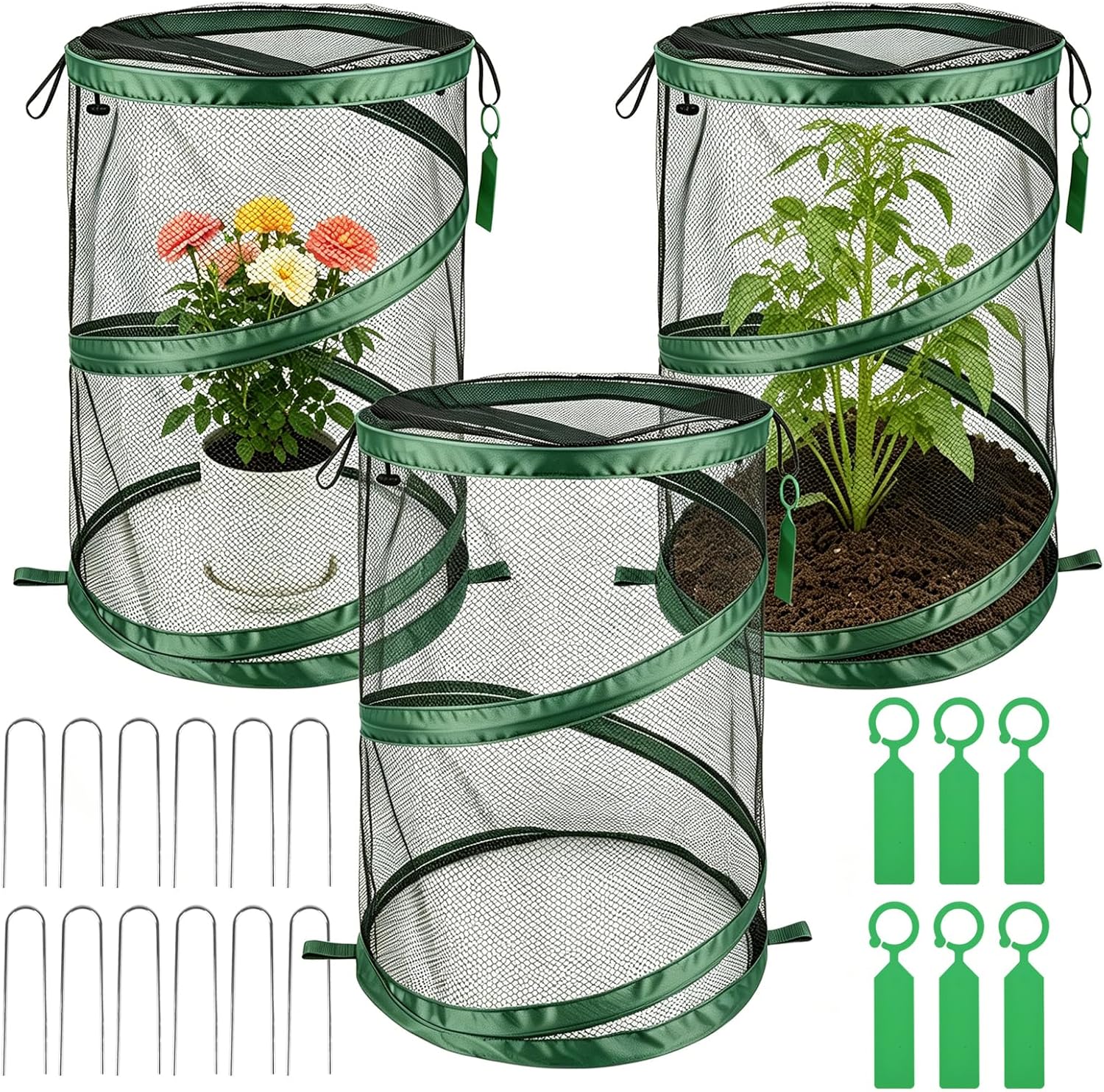 3PCS Pop Up Plant Covers from Animals, 20" H X 14" D Foldable Mesh Plant Tent Cover Protectors, Garden Insect Barrier Mini Greenhouse Plant Guard Cover Net with 12 Stakes & 6 Labels for Outdoor Plants