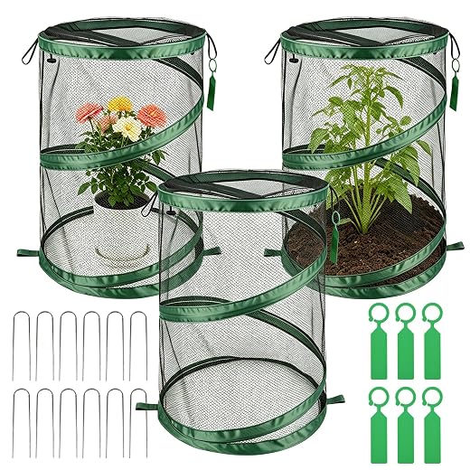 3PCS Pop Up Plant Covers from Animals, 20" H X 14" D Foldable Mesh Plant Tent Cover Protectors, Garden Insect Barrier Mini Greenhouse Plant Guard Cover Net with 12 Stakes & 6 Labels for Outdoor Plants
