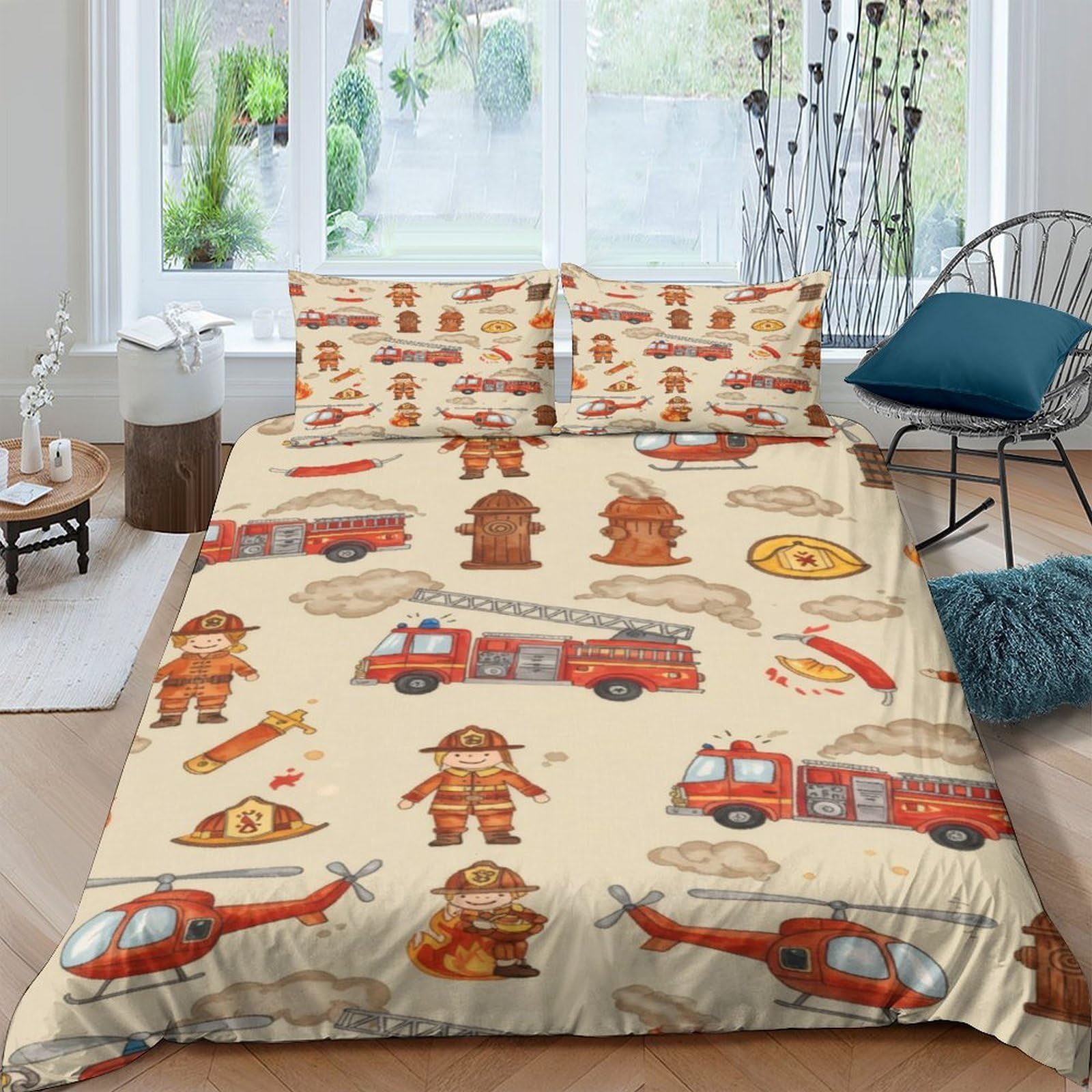 Ctjqhvkz Style-2 3D Printed Firefighter Cartoon Fitted Sheet Microfiber Anti-Slip Fire Truck Bed Cover For Bedroom Guest Room Single（135X200cm）