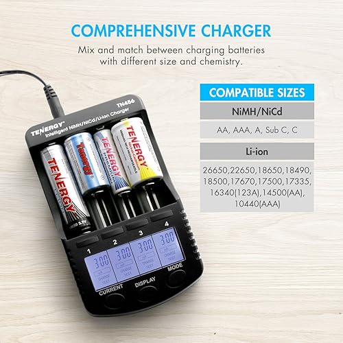 Miniatura 2 de Tenergy TN456 Cargador de batería universal inteligente con 4 ranuras, pantalla LCD, salida USB, adaptador de corriente, cargador de batería