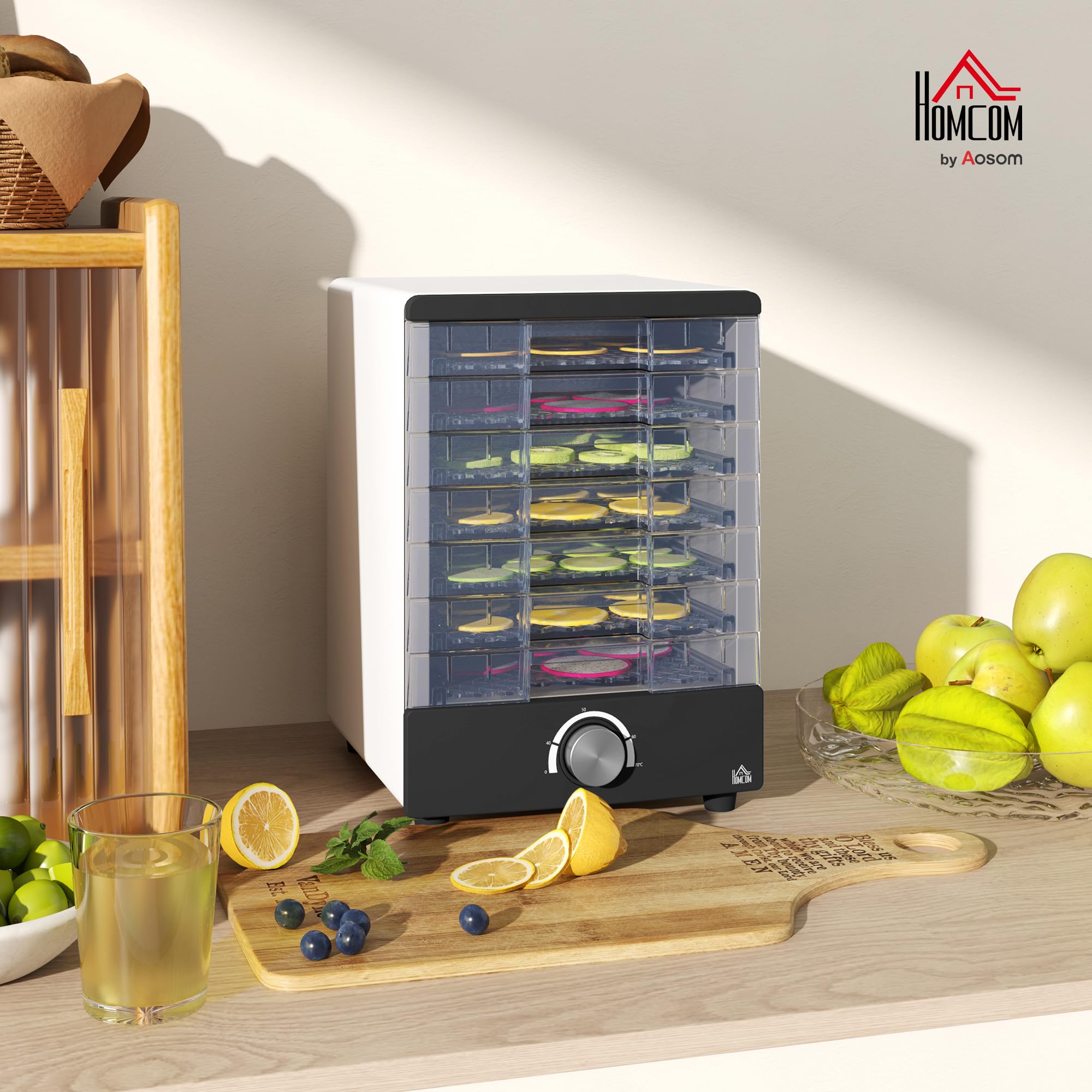 HOMCOM Deshidratador de Alimentos 350W con 7 Bandejas Temperatura Regulable 40-70 ℃ Deshidratadora para Frutas Verduras y Golosinas para Mascotas Blanco