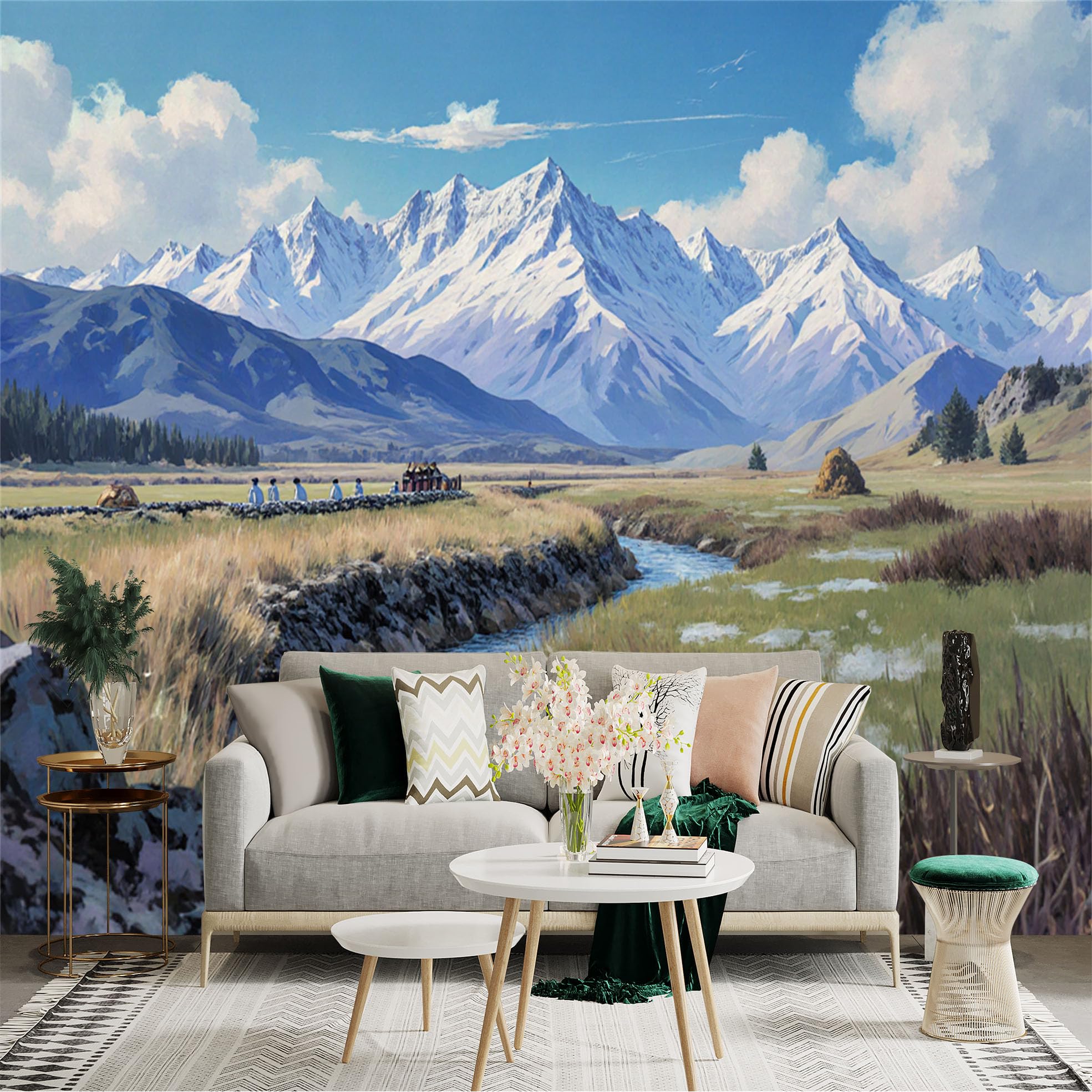 Lnzczhyre Xc260505502 Custom Size Wall Sticker Mural， Snow Capped Peaks， Tranquil River Through Meadow， Picturesque Landscape Scenery， For Wall Decoration， Peelandstick Wall Decals.