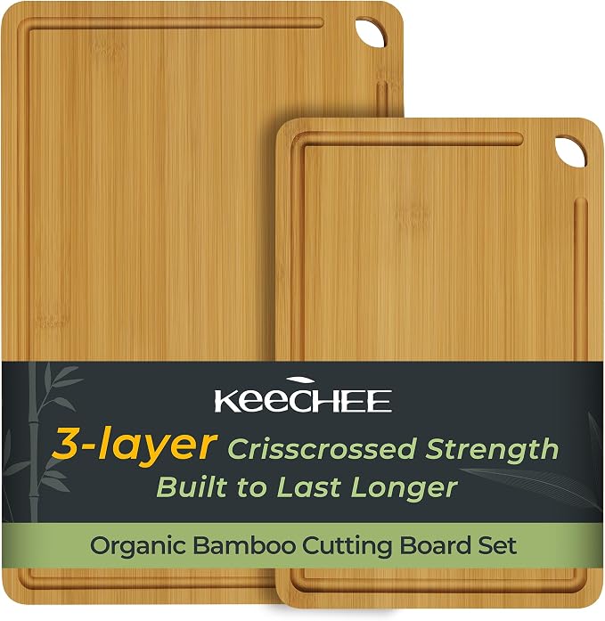 Keechee Butcher Block 2-Pcs Carbonized Bamboo Cutting Board Set With Juice Groove For Meal Prep & Cheese Serving - Ideal Kitchen Gift Set of 2 (M+L)