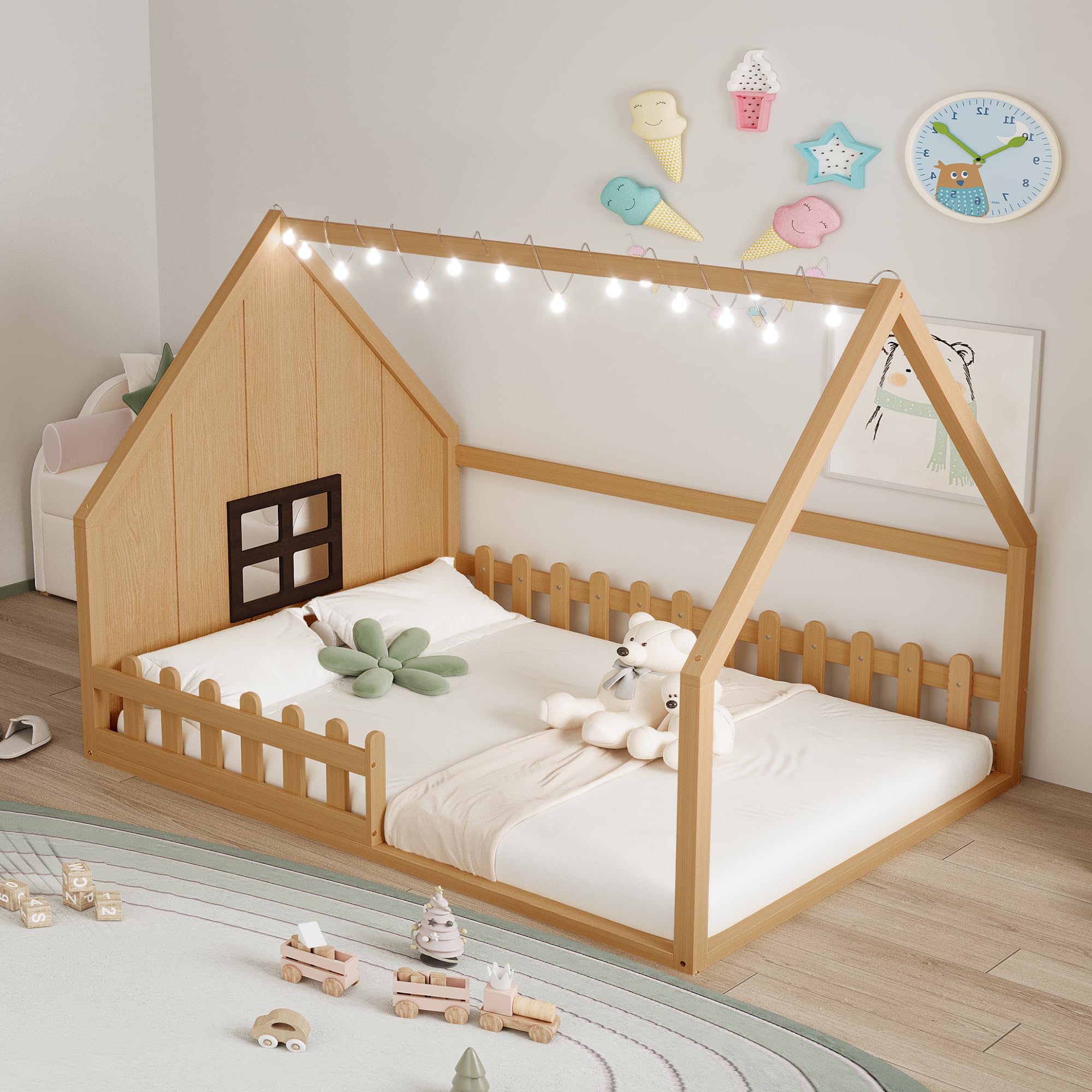 SOFTSEA Full Size House Bed for Kids, Floor Platform Bed with Fence and Window, Playful Design Wooden House Bed, Natural