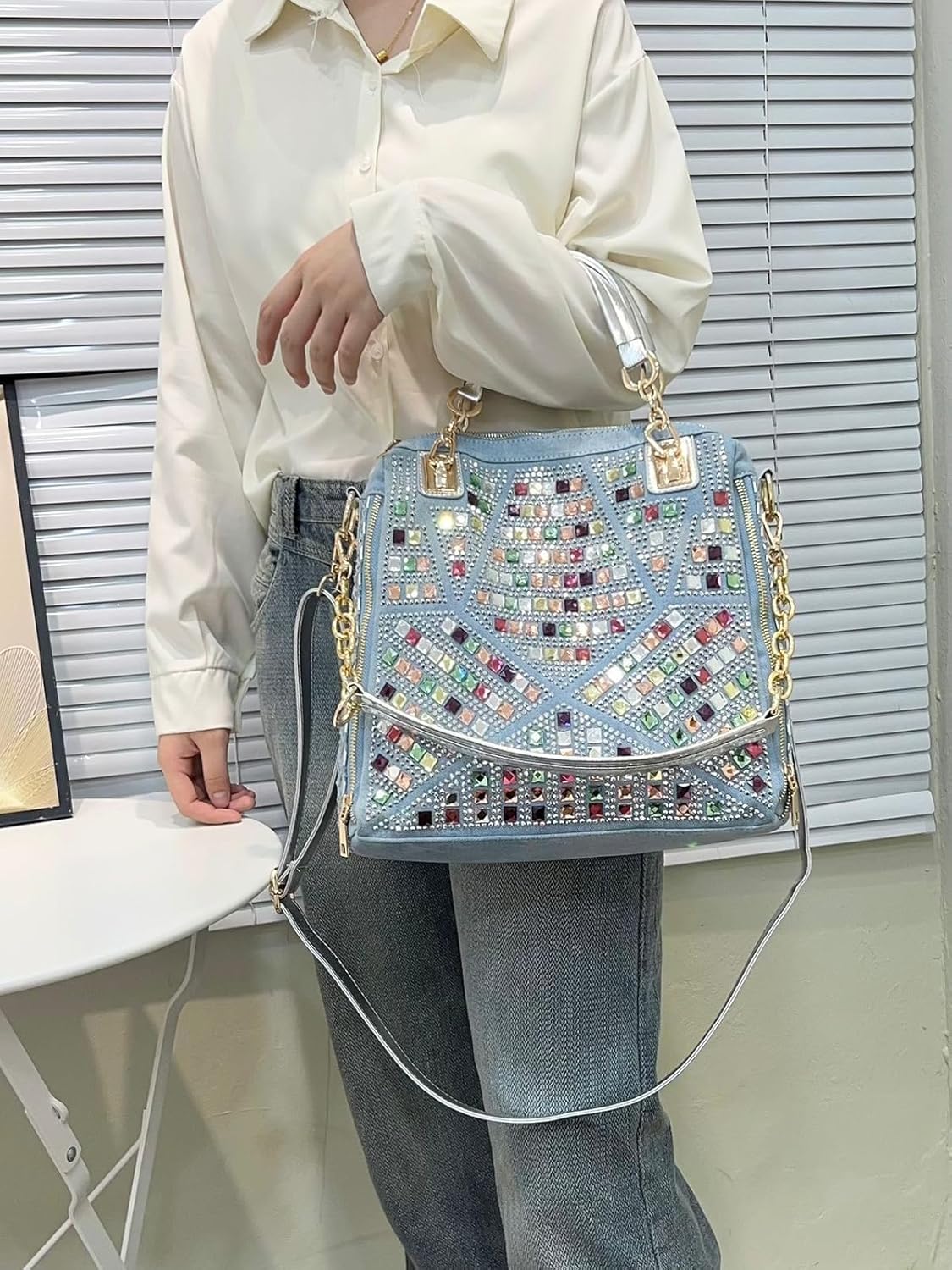 Bling Purses for Women Crystal Rhinestone Crossbody Bag Large Denim Jean Purses and Handbags - Image 6