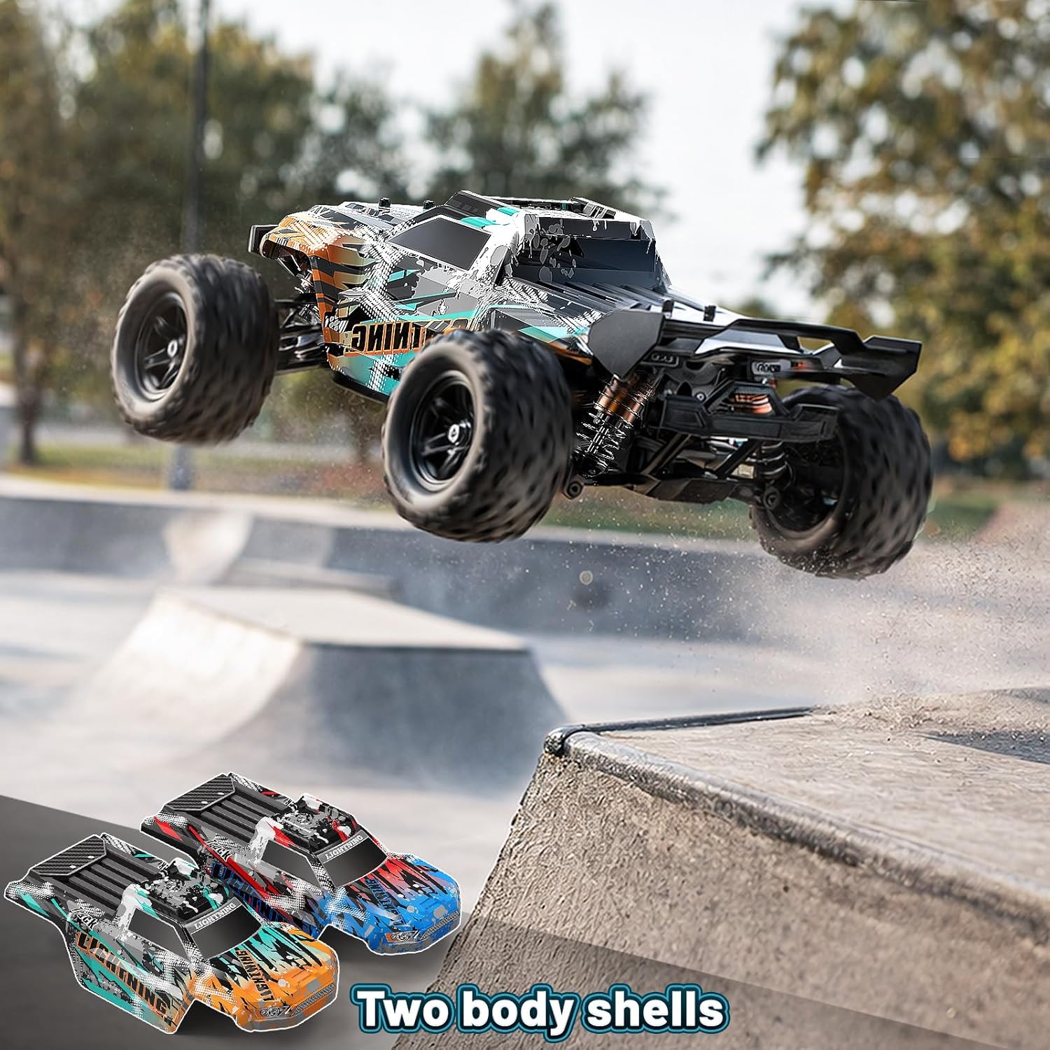 RC Cars 1:18 4WD High Speed Off-Road RC Truck 40 KM/H, Remote Control Car with Waterproof ESC, 2 Rechargeable 7.4V 1300mAh Batteries, Dual Body Shells, for Adults & Kids, Great Gifts for Outdoor Fun