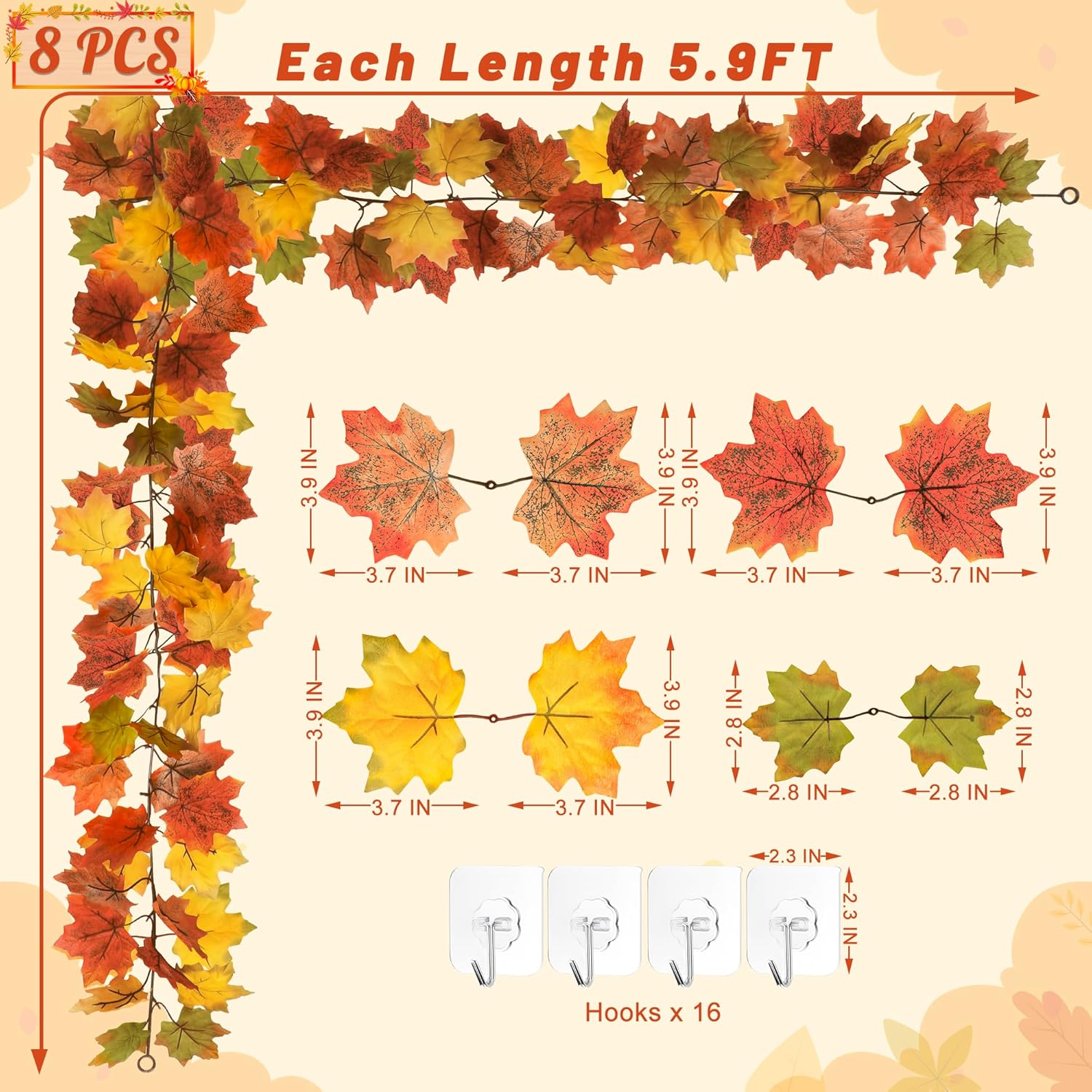 Helimoto Maple Leaf Garland, 8 Pack 47.2 FT Hanging Fall Garland, Artificial Maple Outdoor Autumn Leaves Garlands, Fall Decorations for Home Thanksgiving Decor Wedding Party Wall Fireplace Mantle