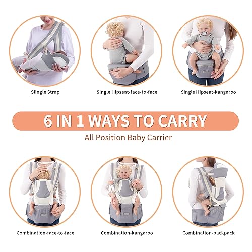 Miniatura 3 de Portabebés para recién nacidos a niños pequeños, 6 en 1 con asiento de cadera completo para todas las estaciones, mochila ajustable y extraíble con