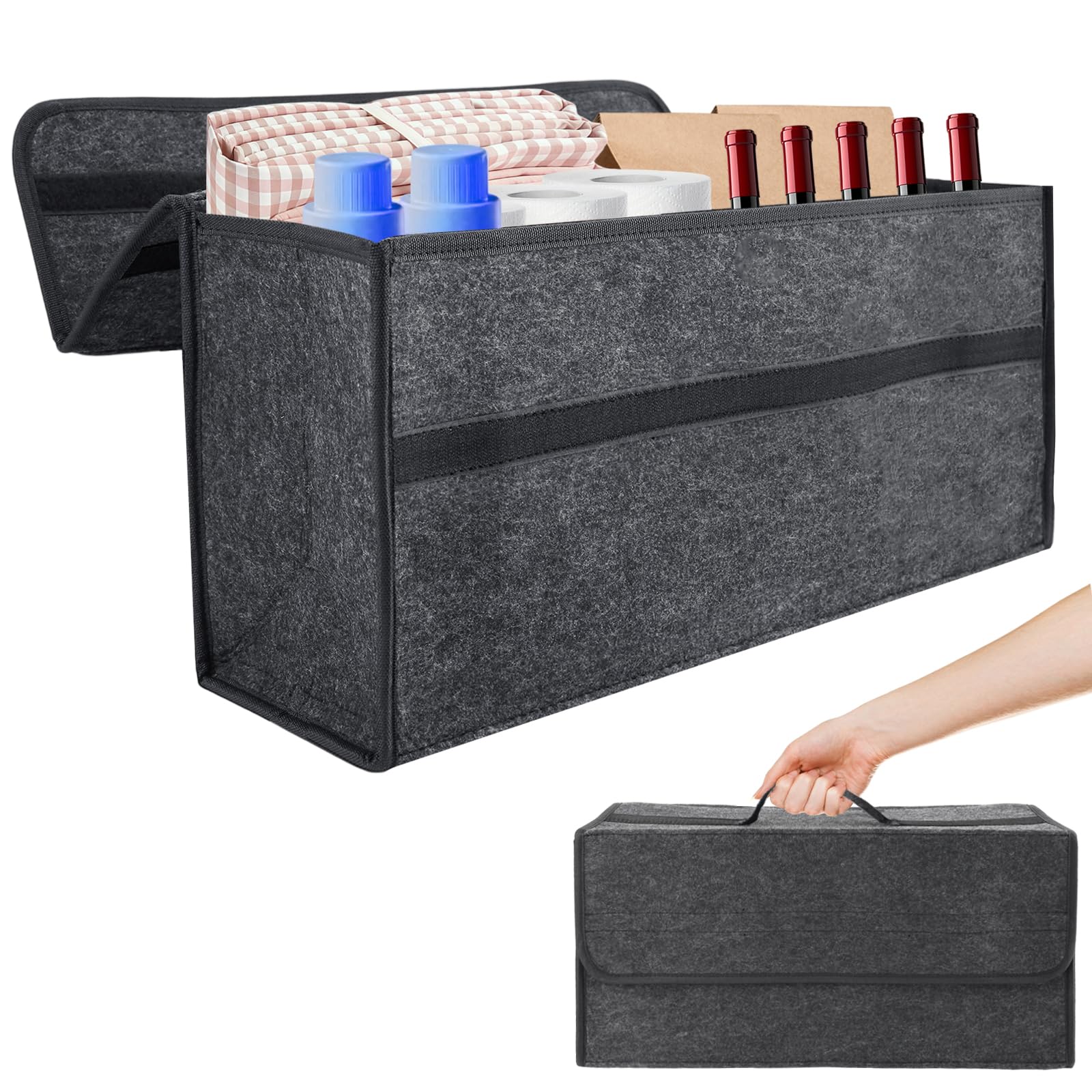1Pc Car Boot Organiser, Car Boot Organiser Storage with Lid, Foldable Non Slip Storage Bag 50x17x24cm, Boot Storage Box with Lid for Auto Tools & Interior Declutter, Suitable for All Vehicles (1pcs)
