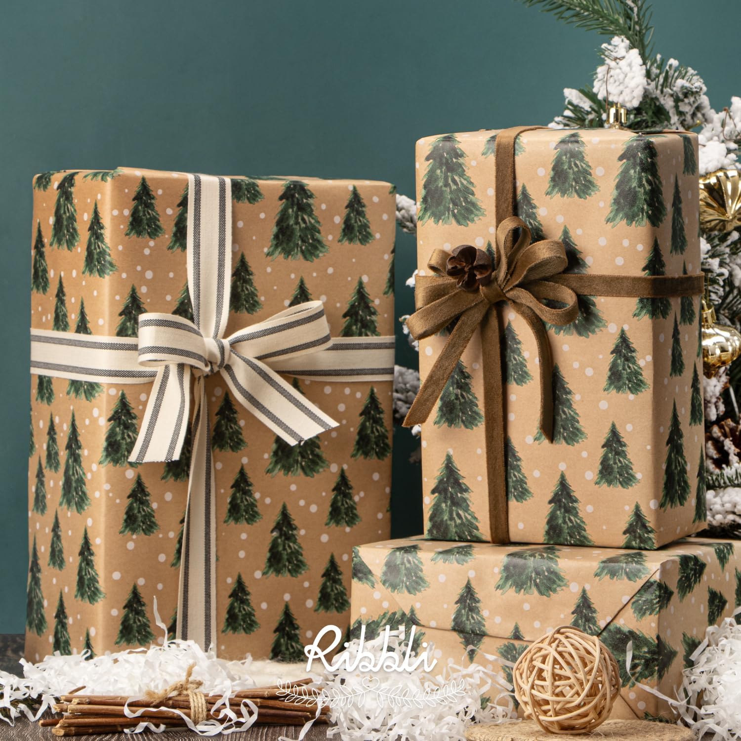 Ribbli Christmas Wrapping Paper Jumbo Roll Vintage Christmas Tree Kraft Gift Wrapping Paper Rolls 30 Inch x 33 Feet Per Roll for Holiday Presents Decoration