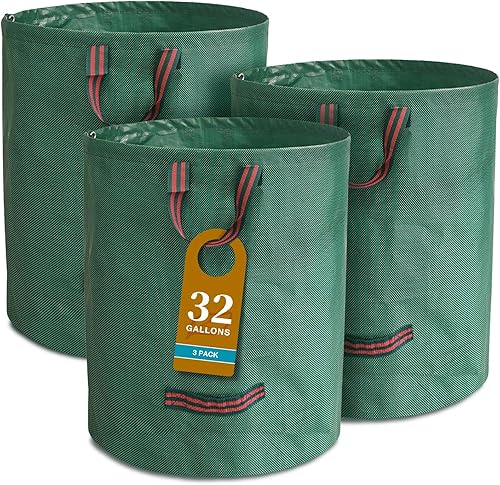Bolsas de basura reutilizables para jardín, paquete de 3 bolsas de basura de 32 galones con 4 asas reforzadas, bolsas de basura plegables grandes