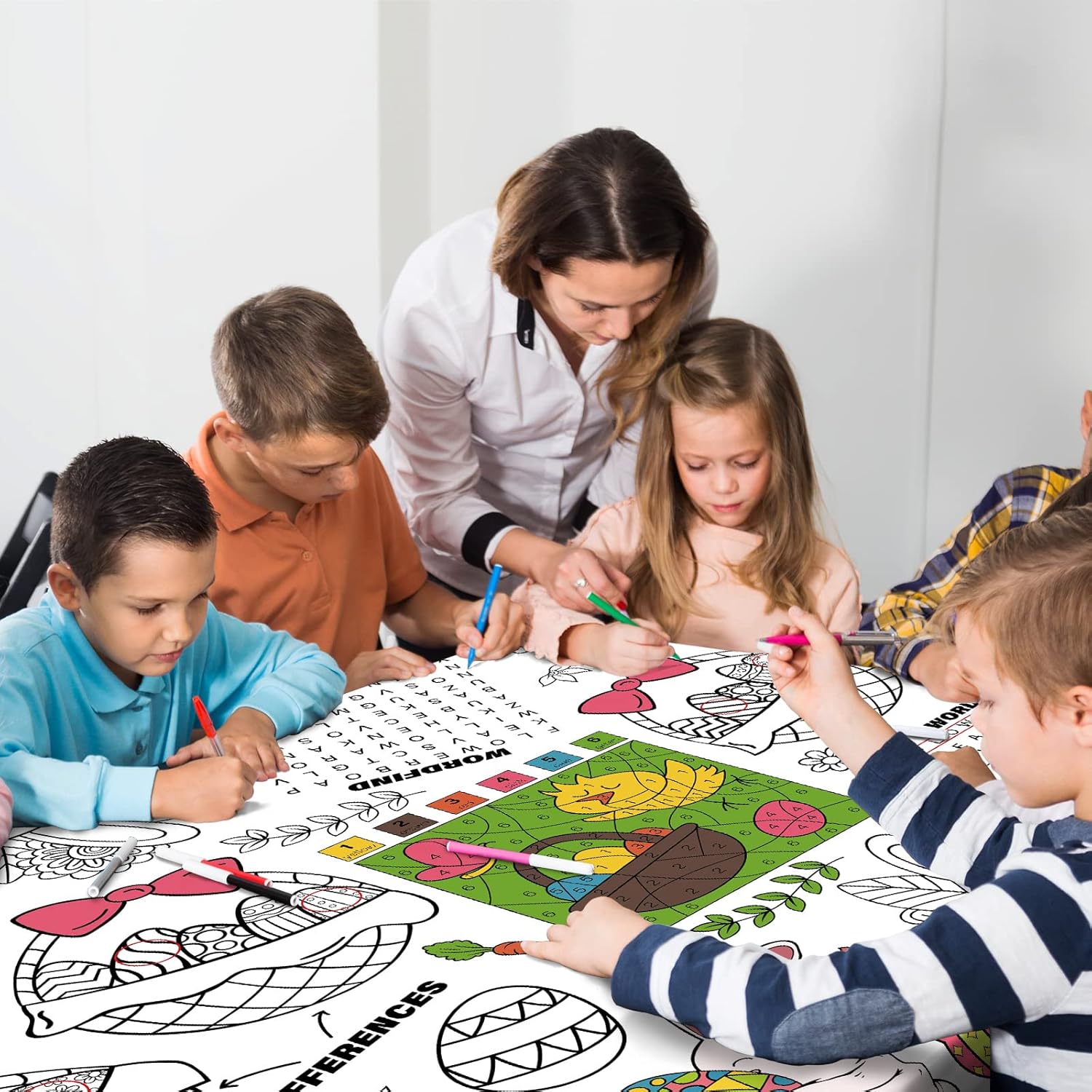 Gatherfun Disposable Easter Color-in Paper Tablecloth Decoration，Happy Easter Paper Table Cover for Children School Party Decor-54 x 88 in，1 pcs