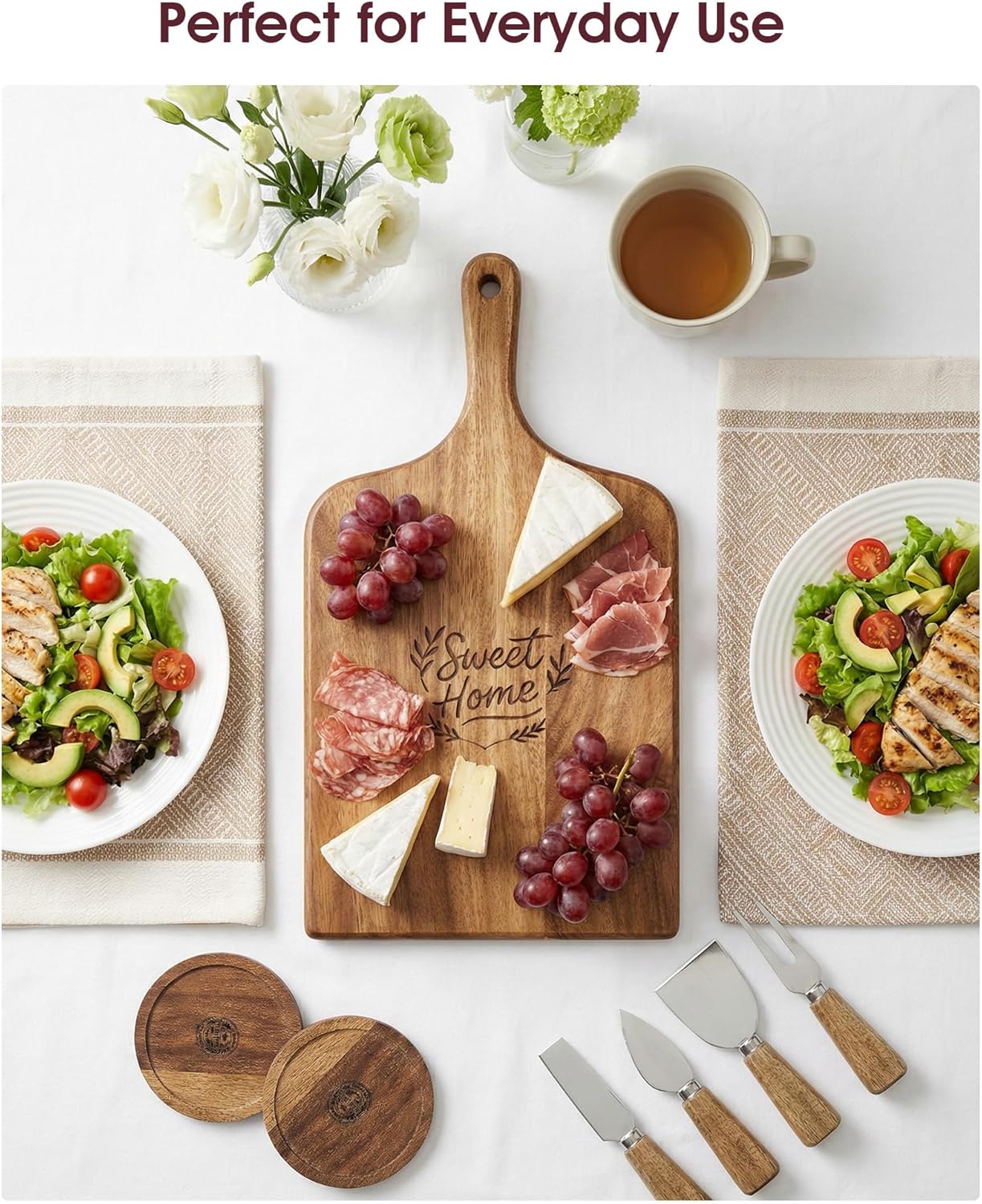 Charcuterie Board Gift Set, 9-Piece Acacia Wood Cheese Board with Knife Set, Elegant Serving Tray with Accessories, Gift Ready for Couples, Housewarming & Wedding - Image 6