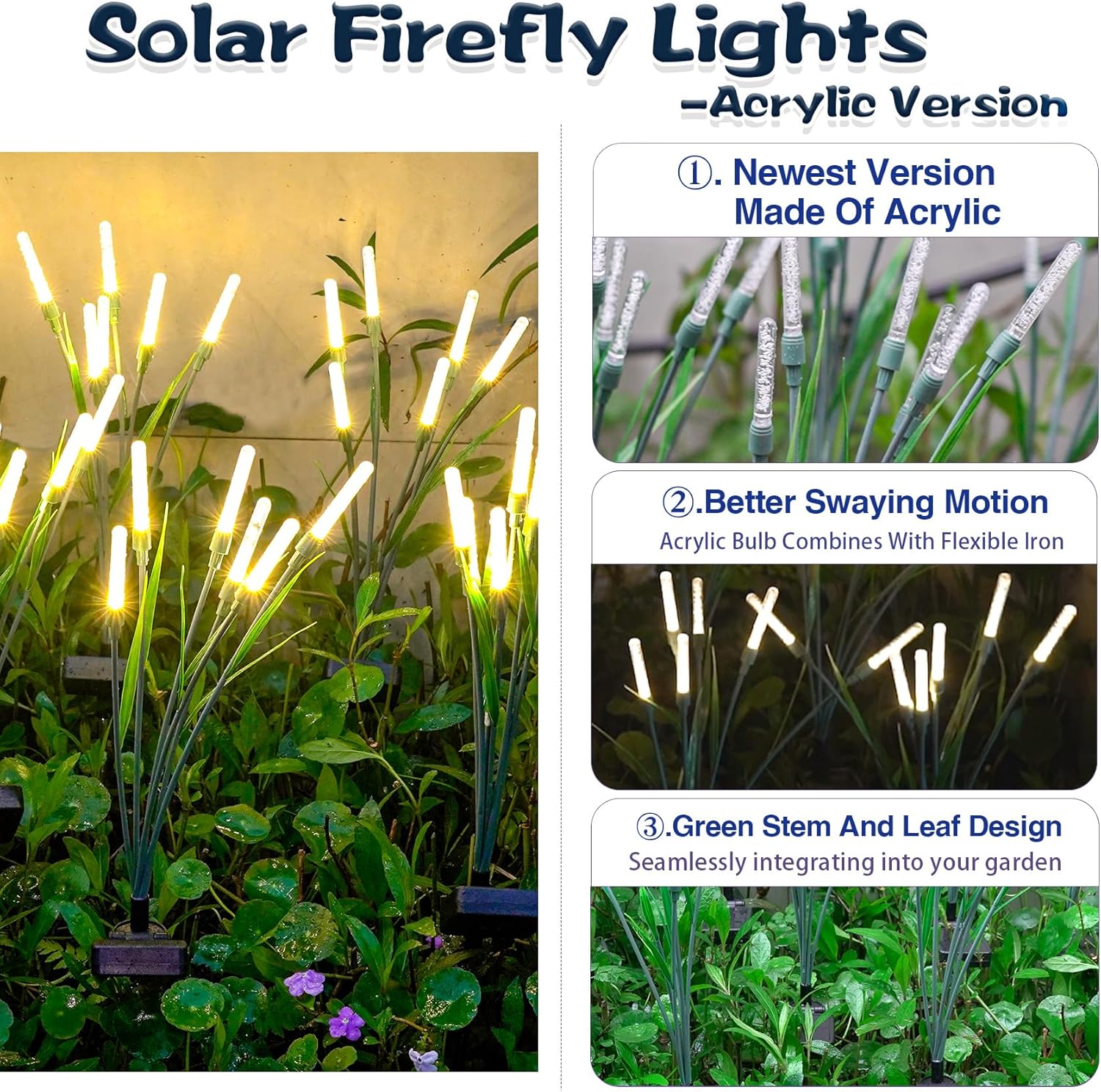 Solar Garden Lights 4 Pack, Upgraded Solar Firefly Lights Made of Acrylic, Solar Lights Outdoor, Solar Decorative Lights for Yard Patio Pathway Decoration