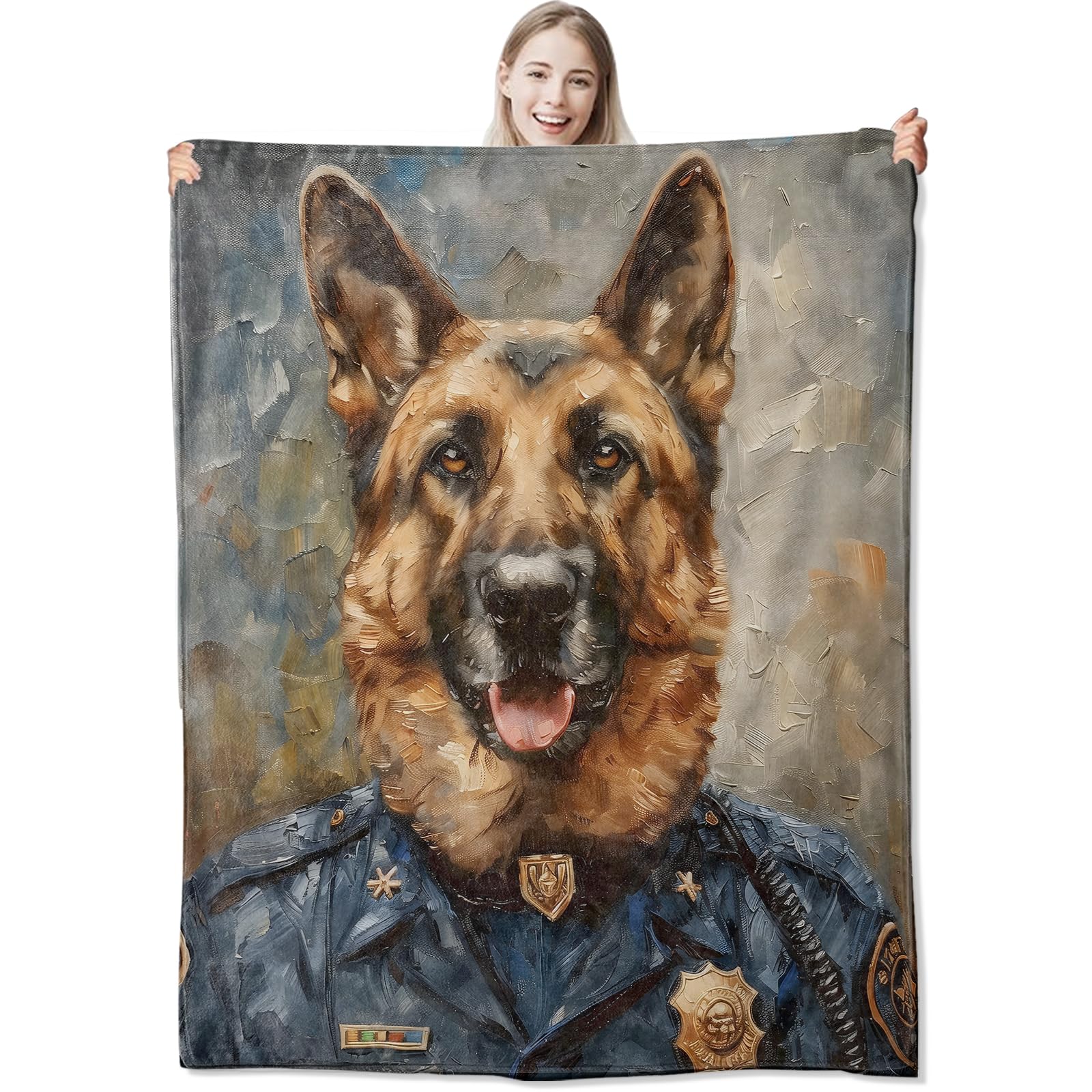 CUEBOS German Shepherd Flannel Throw Blanket 50x60 Inch, Loyal Police Dog Portrait in Oil Painting Style Blankets Soft Cozy Fleece Throws for Pet