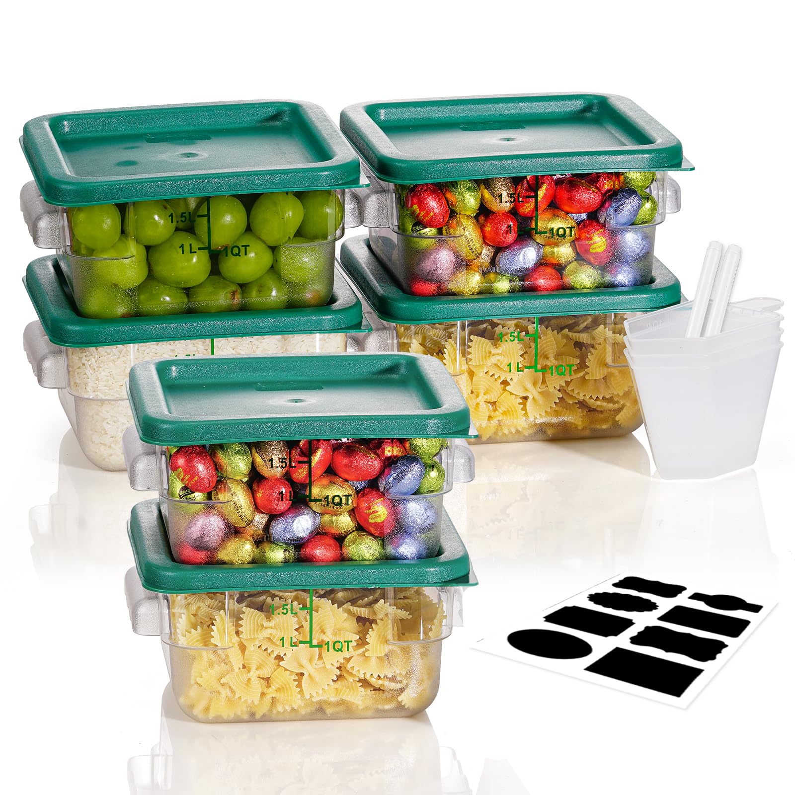 2QT 6PCS NSF Commercial Clear Food Storage Containers with Lids(GREEN)