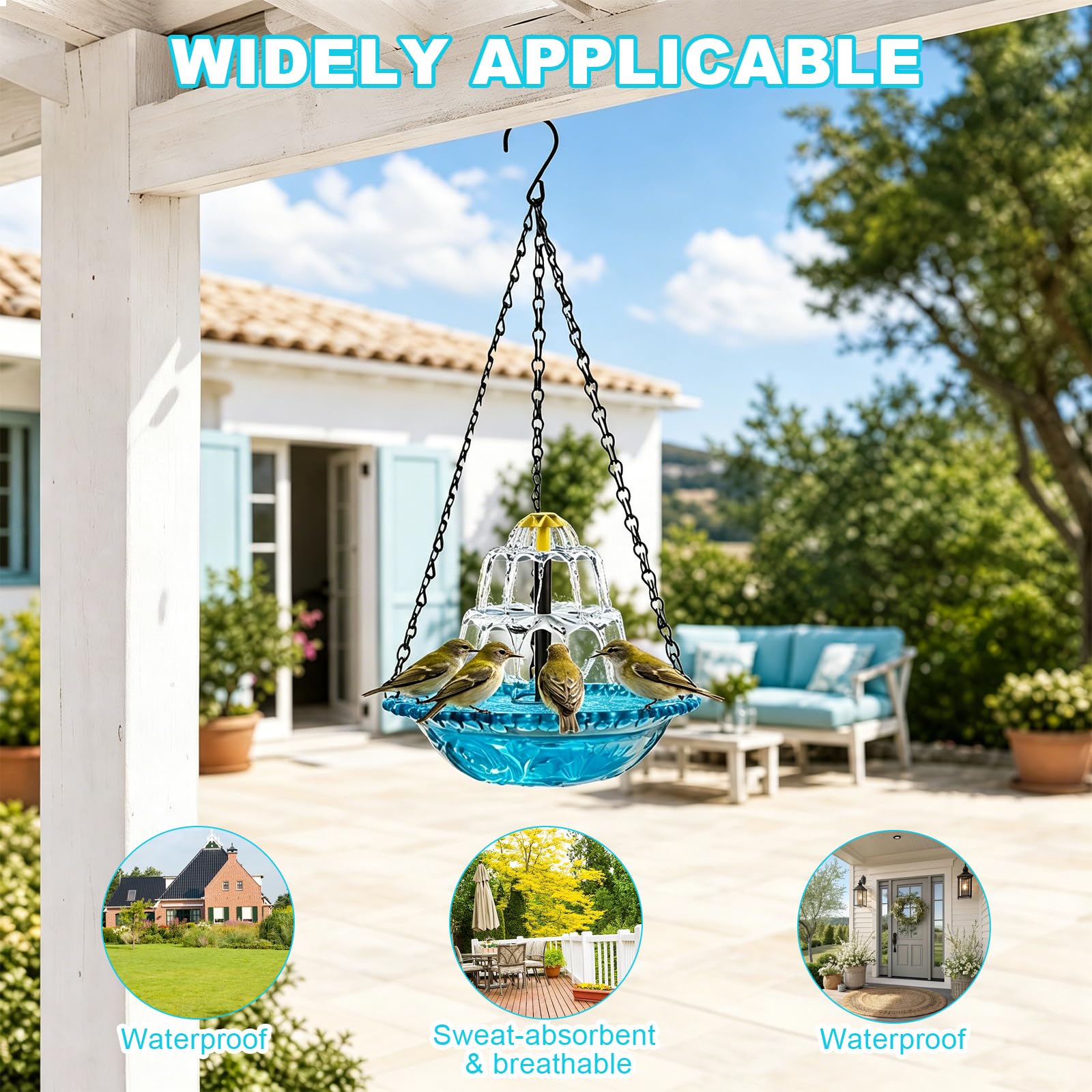 HENGBIRD Bagno per Uccelli da Appendere, Fontana Solare da Giardino - Vaschetta Blu Leggera con Cascata, Abbeveratoio per Uccelli per Balcone, Terrazzo ed Esterno