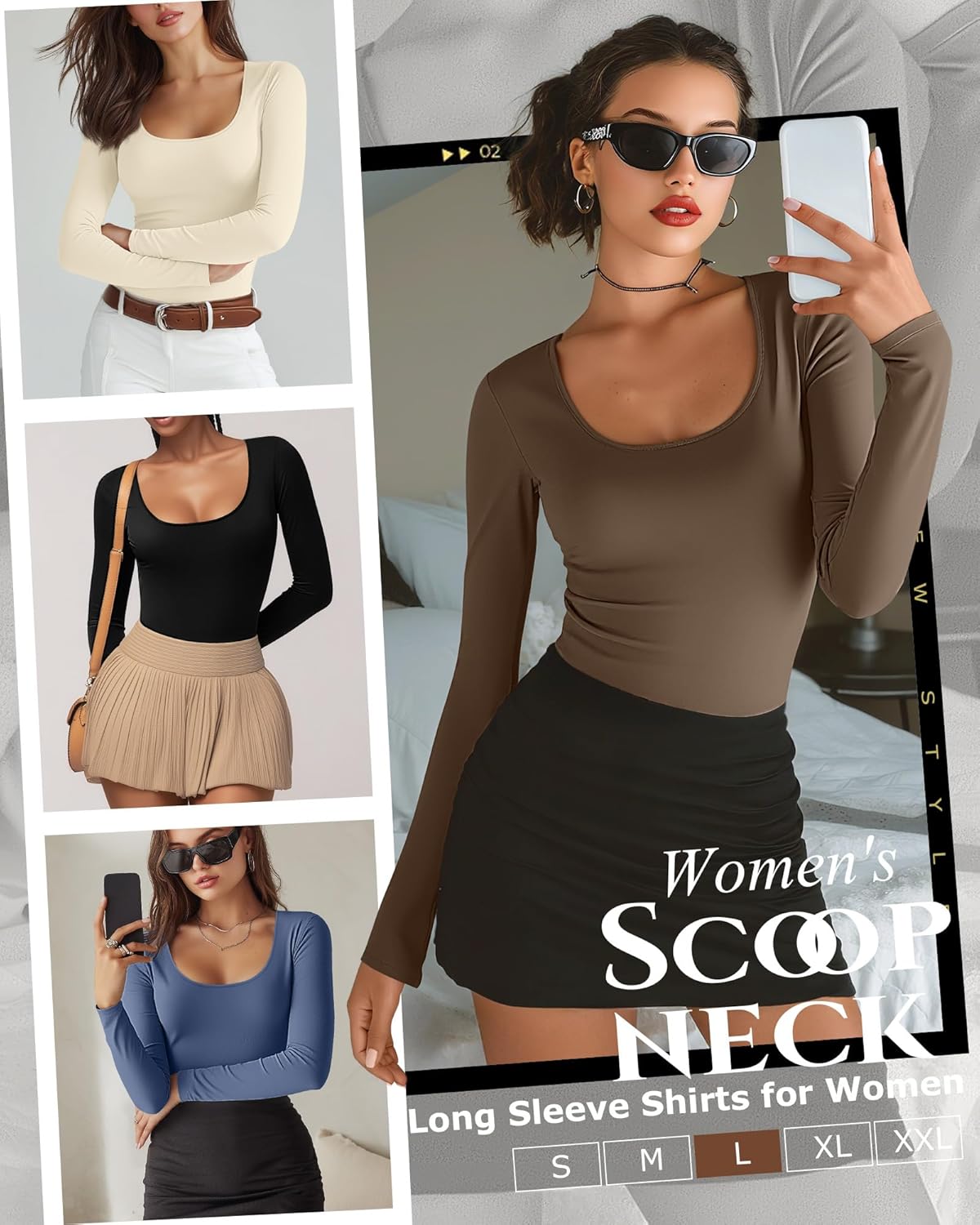 4 Pack Women's Long Sleeve Shirts Scoop Neck Slim Fitted T-Shirt Tight Sexy Lightweight Casual Tops Y2k Basic Tee - Image 2