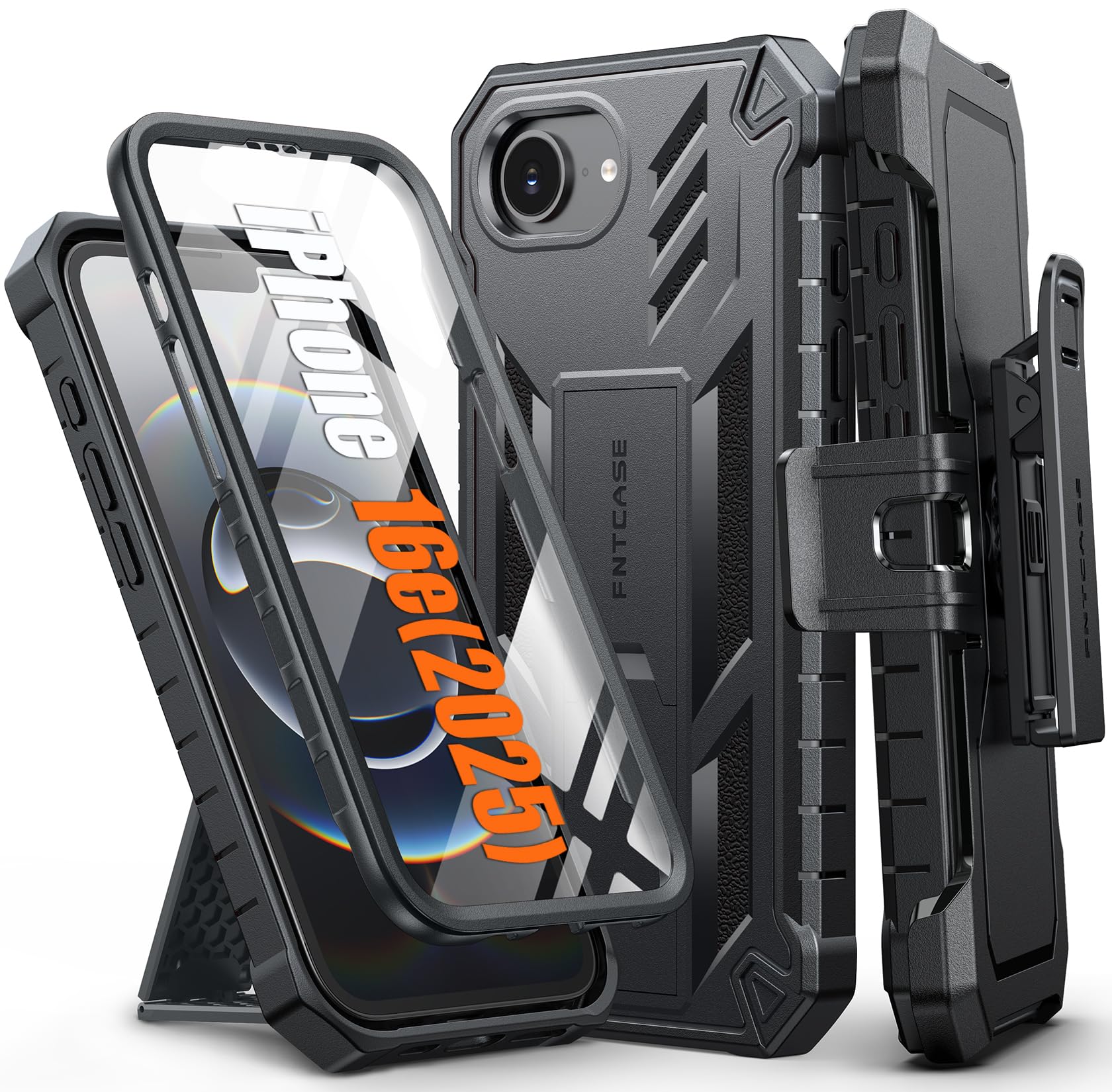 FNTCASE for iPhone 16e 2025 Case: for iPhone 16E for 17E Military Grade Rugged Phone with Kickstand & Holster | Shockproof TPU Protection Bumper Matte