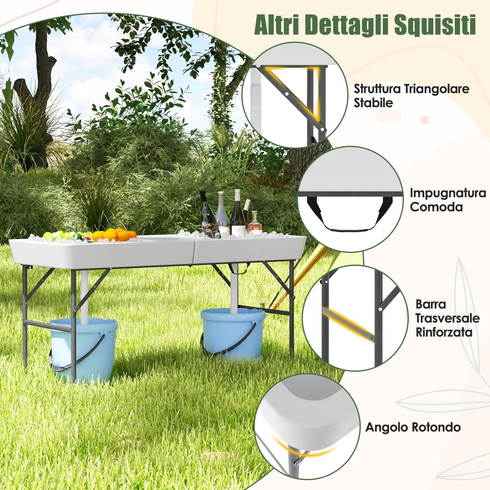 RELAX4LIFE Tavolo Refrigerante Pieghevole 150 CM per Bevande e Alimenti Freddi, con 2 Lavelli, Gonna Rimovibile, Tubo di Scarico Regolabile, Piano in HDPE, Tavolo del Ghiaccio Per Giardino, Campeggio