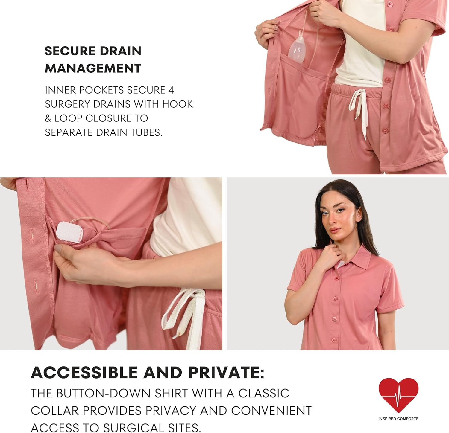Inspired Comforts Post Surgery Mastectomy Recovery Pajamas Set with Internal Drainage Pockets - Image 2