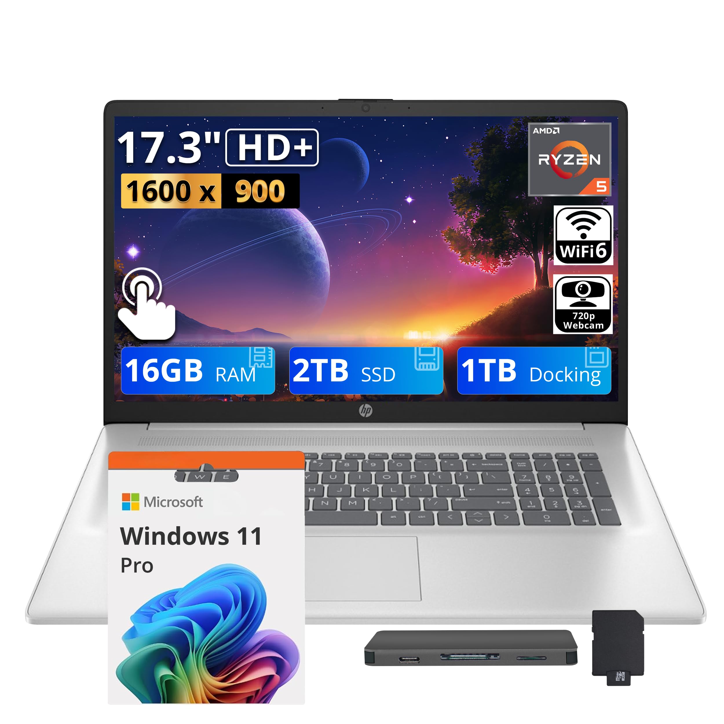 HP 17.3" HD+ Touchscreen Business Laptop, AMD Ryzen 5 7430U, 16GB RAM, 3TB Storage (2TB SSD+1TB Docking Station Set), AMD Radeon Graphics, Numeric Keypad, Wi-Fi 6, HD Webcam, Win 11 Pro, Silver