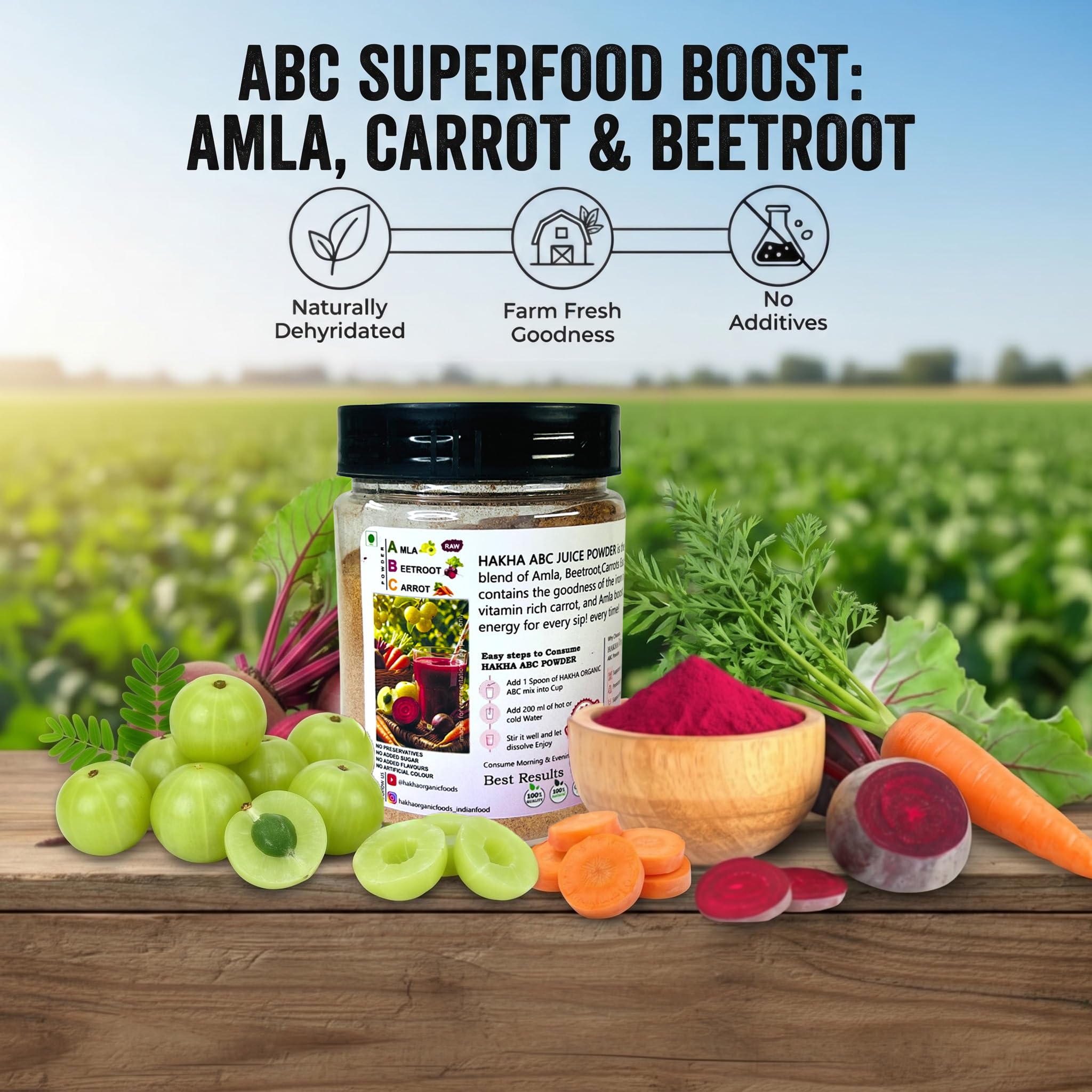 ABC - Amla, beetroot, carrot powder: a great immune booster. Pure & natural for eating & drinking. Jar packed I Superfood I Full of nutrients. No preservatives I No added sugar I No added flavors I No artificial colour. — Amazon image 3