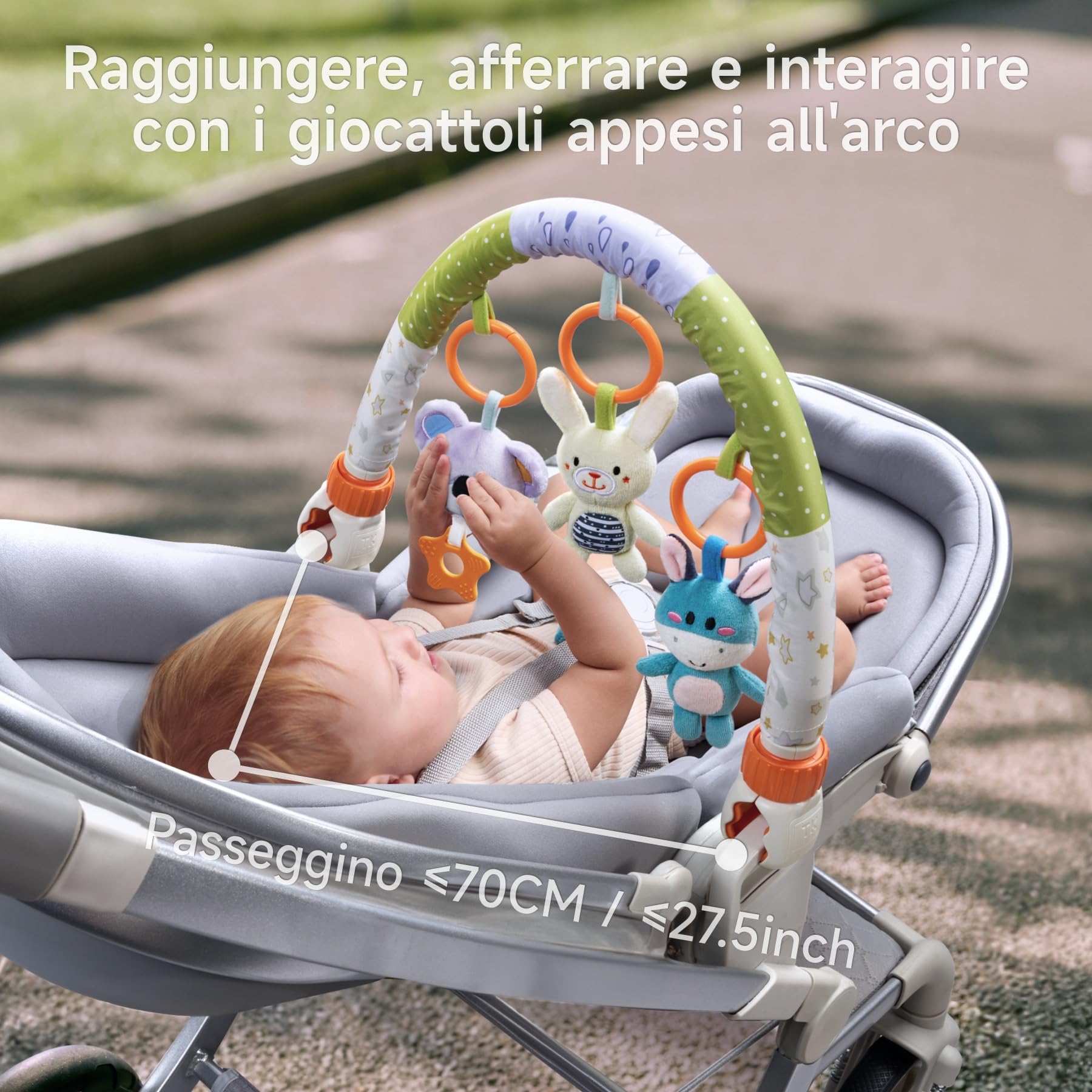 TUMAMA Giochi Arco Viaggio Passeggino per Neonato 0 3 6 9 12 Mesi, Peluche Animale Passeggino Giocattolo Gioco per Neonati Bambina Ragazzo, Clip On Auto Carrozzina con Sonaglio Teether Campana