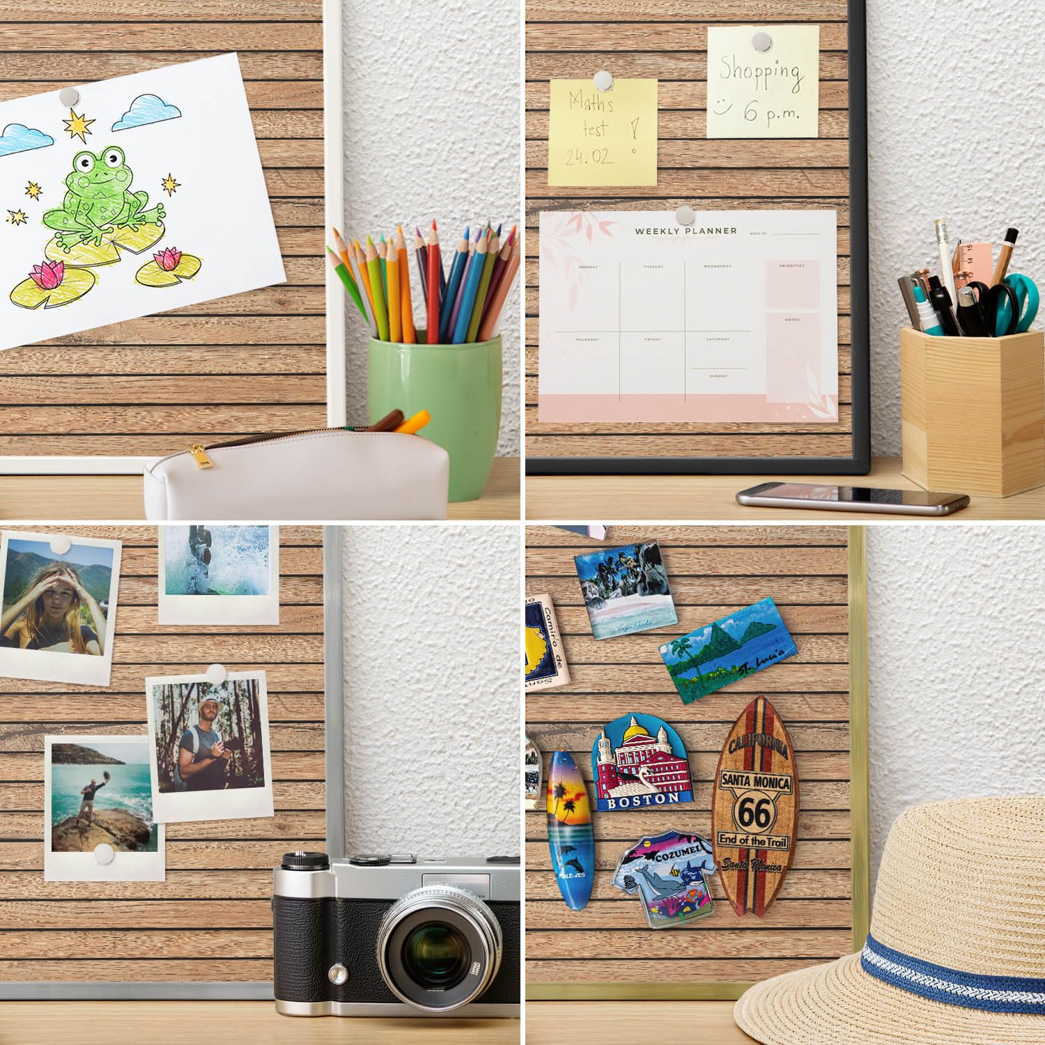 Pizarra Magnética de Pared 60x40 cm | con Marco Negro | Tablas De Madera | Montaje Fácil | Tablero Imantado | Para Imanes Turísticos, Recuerdos de Viaje y Fotos