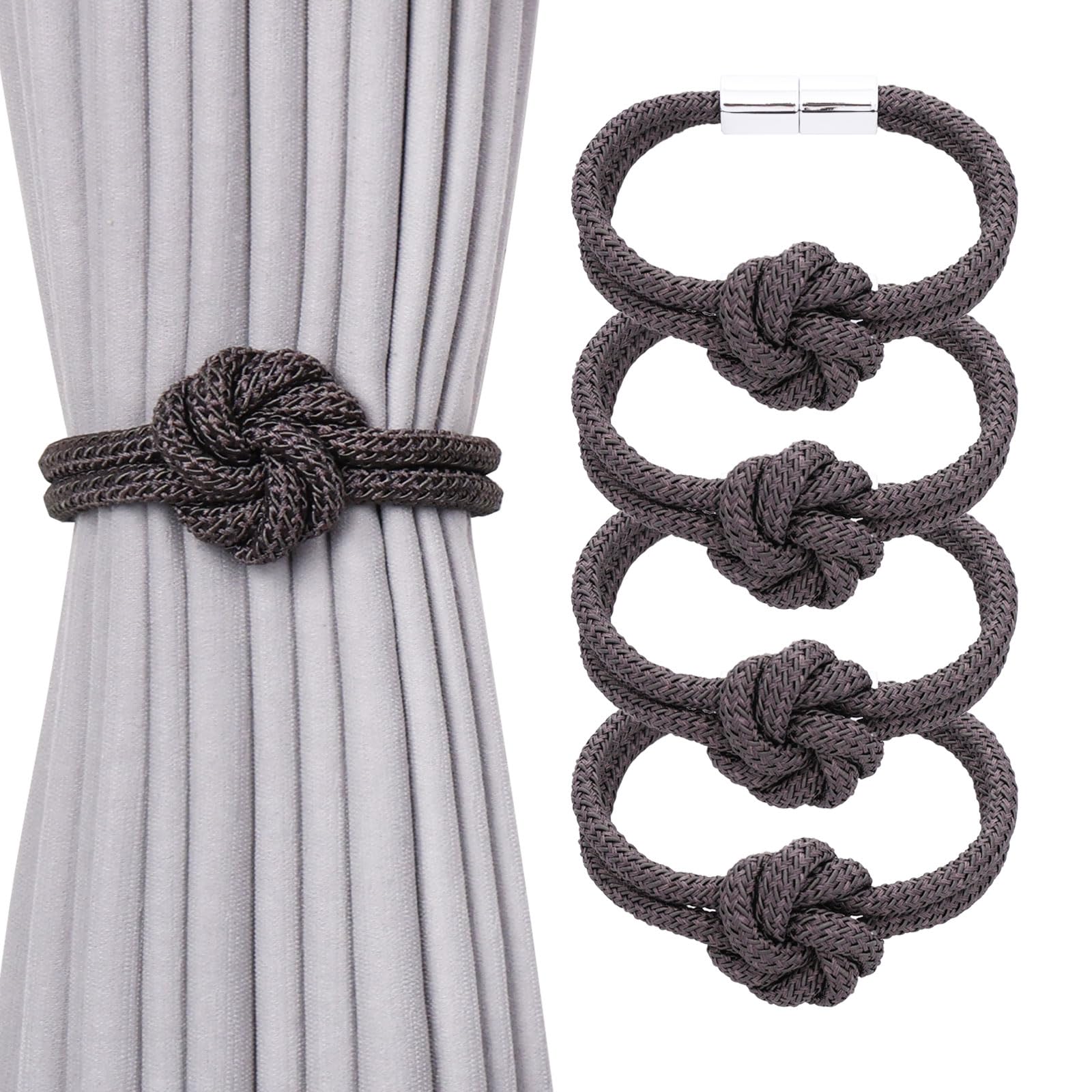 Pretty Jolly 4 Pack Cute Flower Knot Magnetic Curtain Tiebacks Nordic Style Drape Tie Backs Elegant Hand Weave Rope Decorative Curtain Holdbacks for Home & Office Window Drapery (Dark Grey)