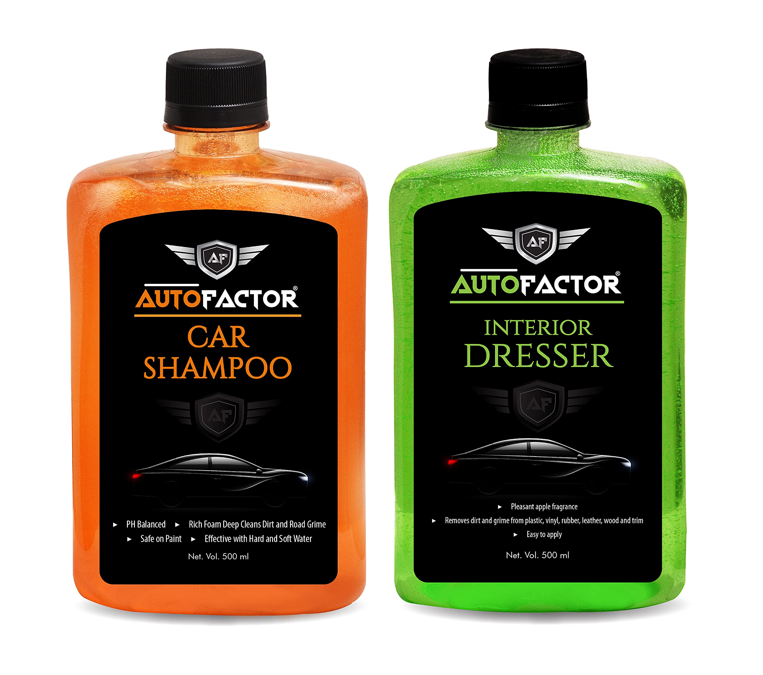 Auto Factor Combo of Premium Car Shampoo 500 ml and Interior Dresser 500ml | PH Neutral Formula | Thick Highly Concentrated Liquid Cleans Dirt, Grime and Leaves a Brilliant Shine
